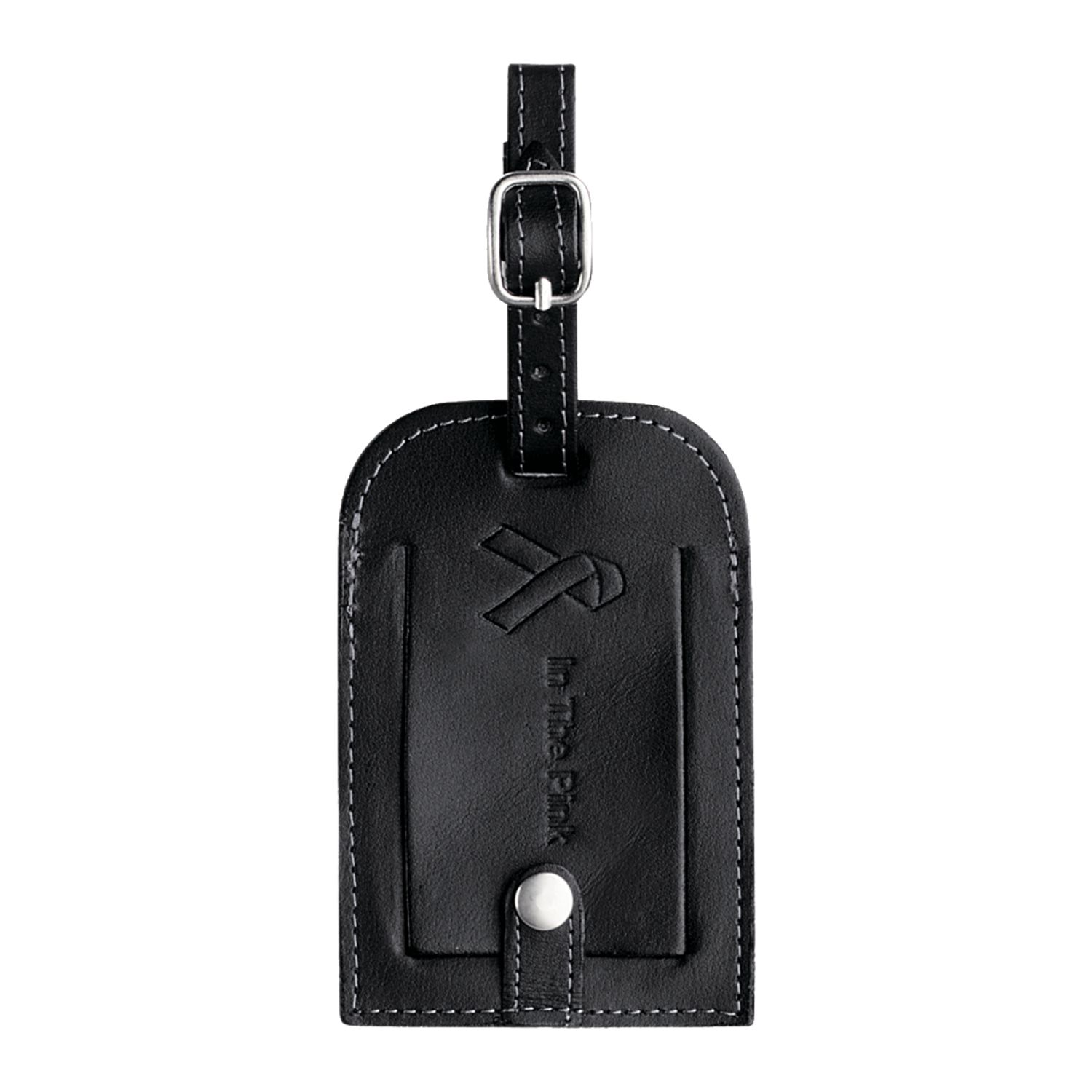 Black leather luggage identification tag with adjustable metal buckle, snap-closure flap cover, and space for most standard business cards.