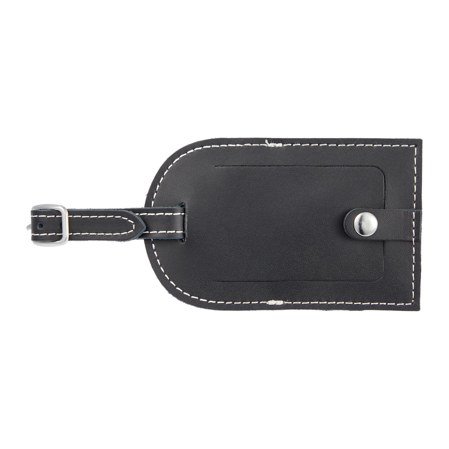 Black leather luggage identification tag with adjustable metal buckle, snap-closure flap cover, and space for most standard business cards.