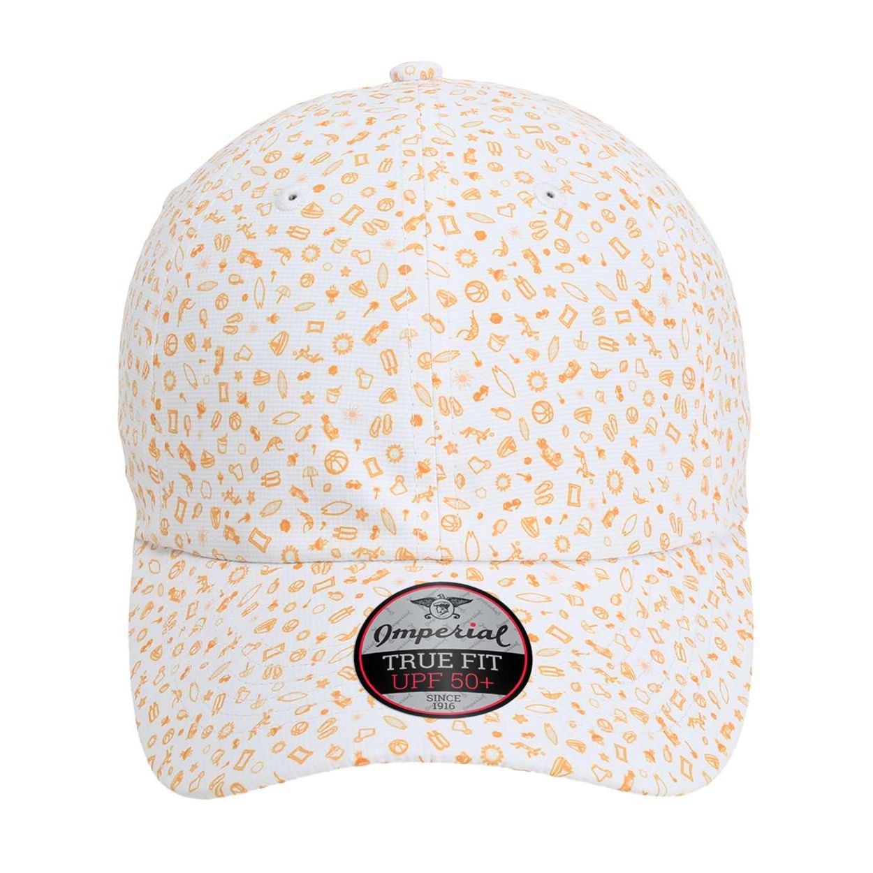 Beach Orange recycled polyester performance cap with sublimated printed fabric, moisture-wicking performance, UPF 50+ protection, pre-curved visor, antimicrobial sweatband, and adjustable closure.