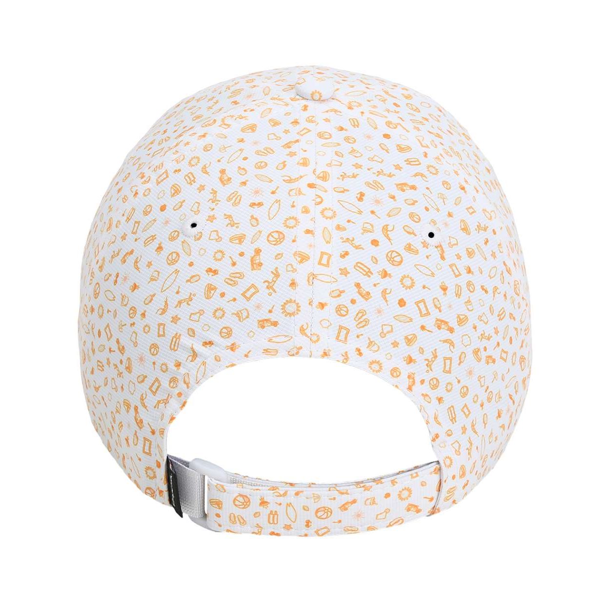 Beach Orange recycled polyester performance cap with sublimated printed fabric, moisture-wicking performance, UPF 50+ protection, pre-curved visor, antimicrobial sweatband, and adjustable closure.