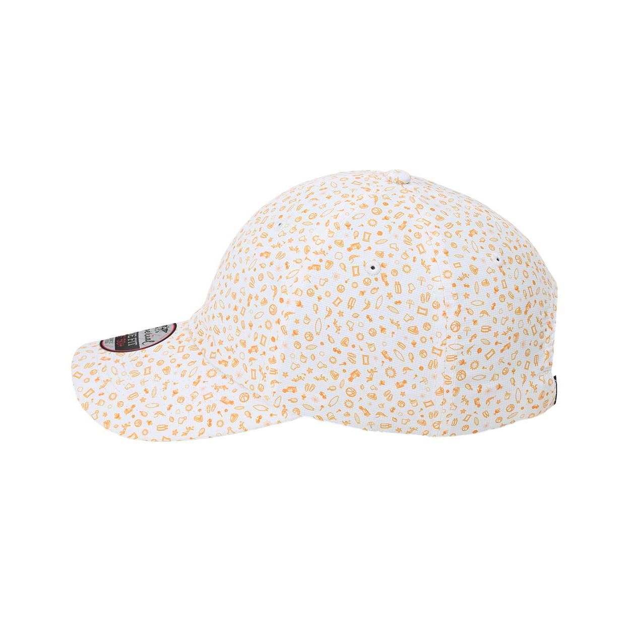 Beach Orange recycled polyester performance cap with sublimated printed fabric, moisture-wicking performance, UPF 50+ protection, pre-curved visor, antimicrobial sweatband, and adjustable closure.