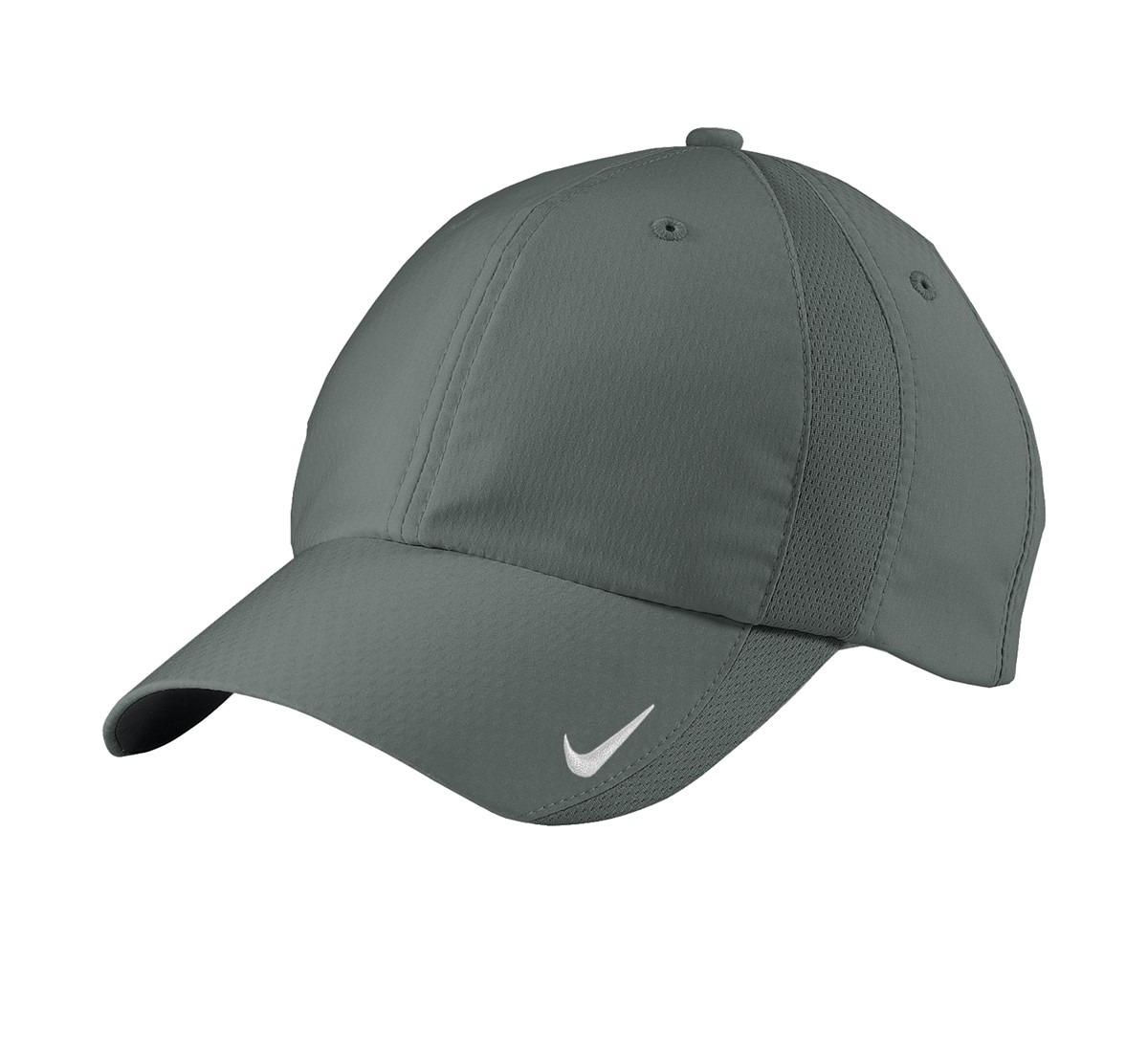 Anthracite Nike performance cap made from polyester with moisture-wicking quick-drying technology, low-profile unstructured design, hook and loop closure, and contrast Swoosh details.