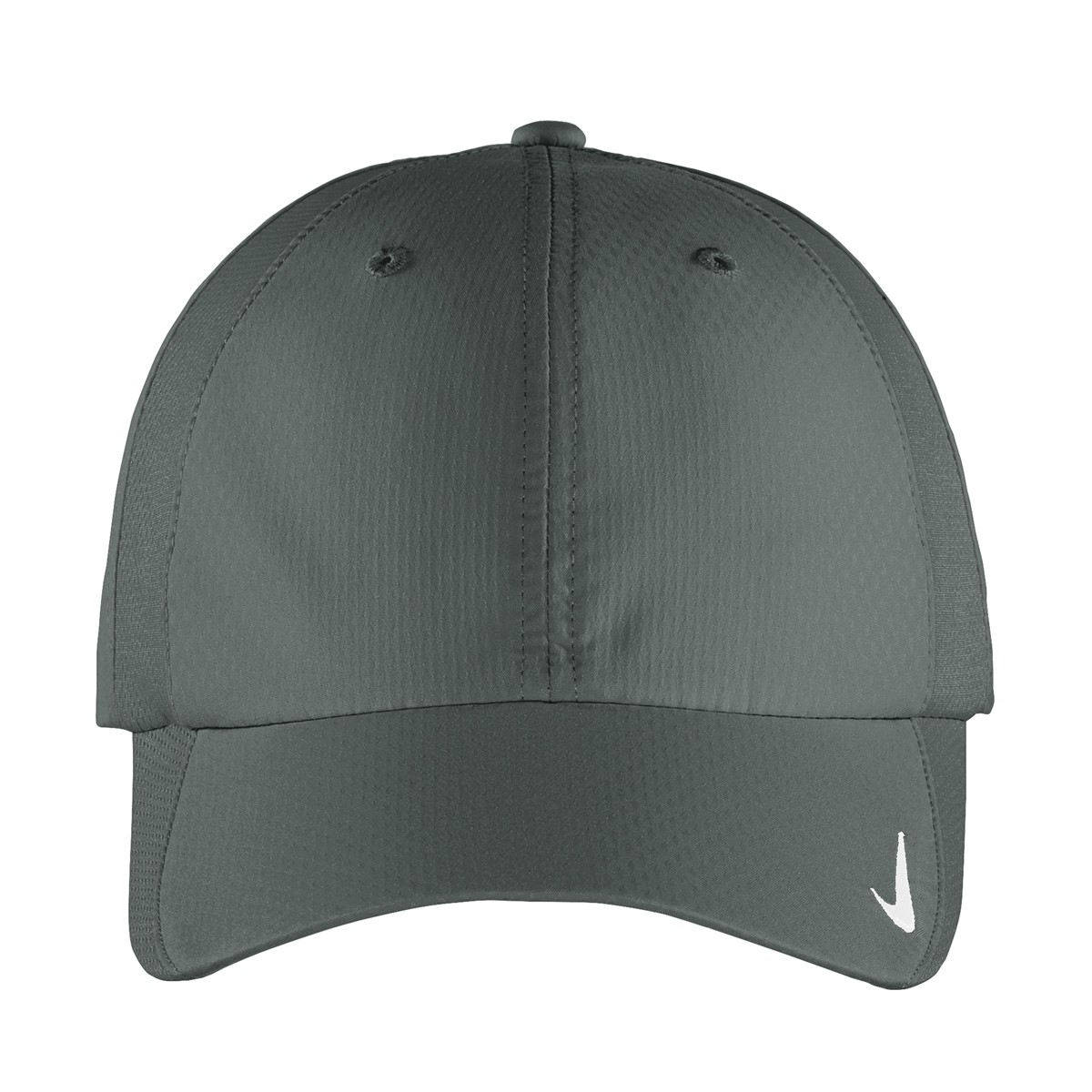 Anthracite Nike performance cap made from polyester with moisture-wicking quick-drying technology, low-profile unstructured design, hook and loop closure, and contrast Swoosh details.