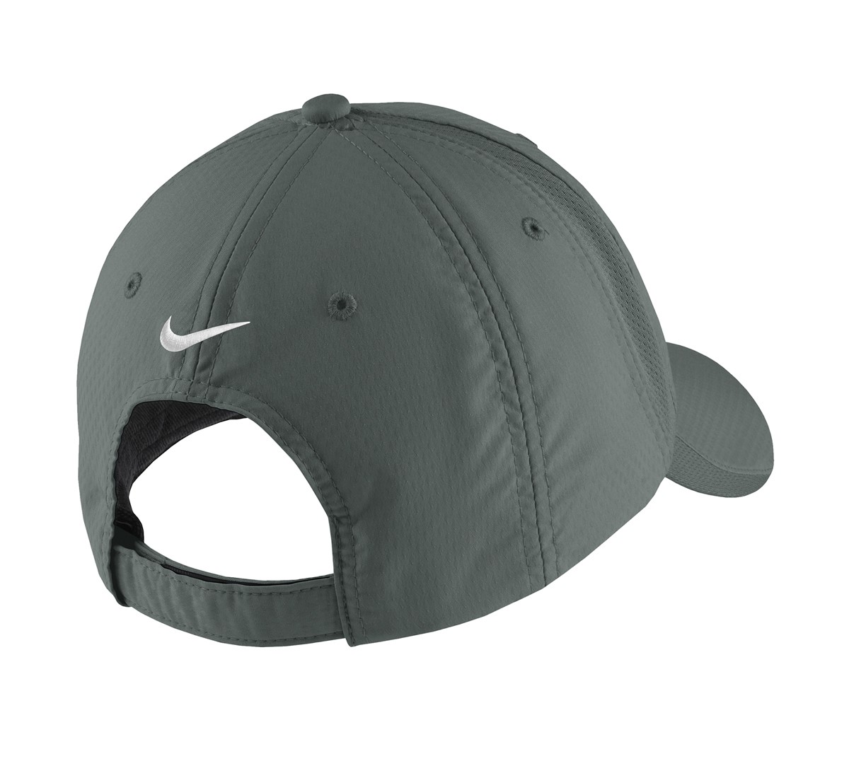 Anthracite Nike performance cap made from polyester with moisture-wicking quick-drying technology, low-profile unstructured design, hook and loop closure, and contrast Swoosh details.