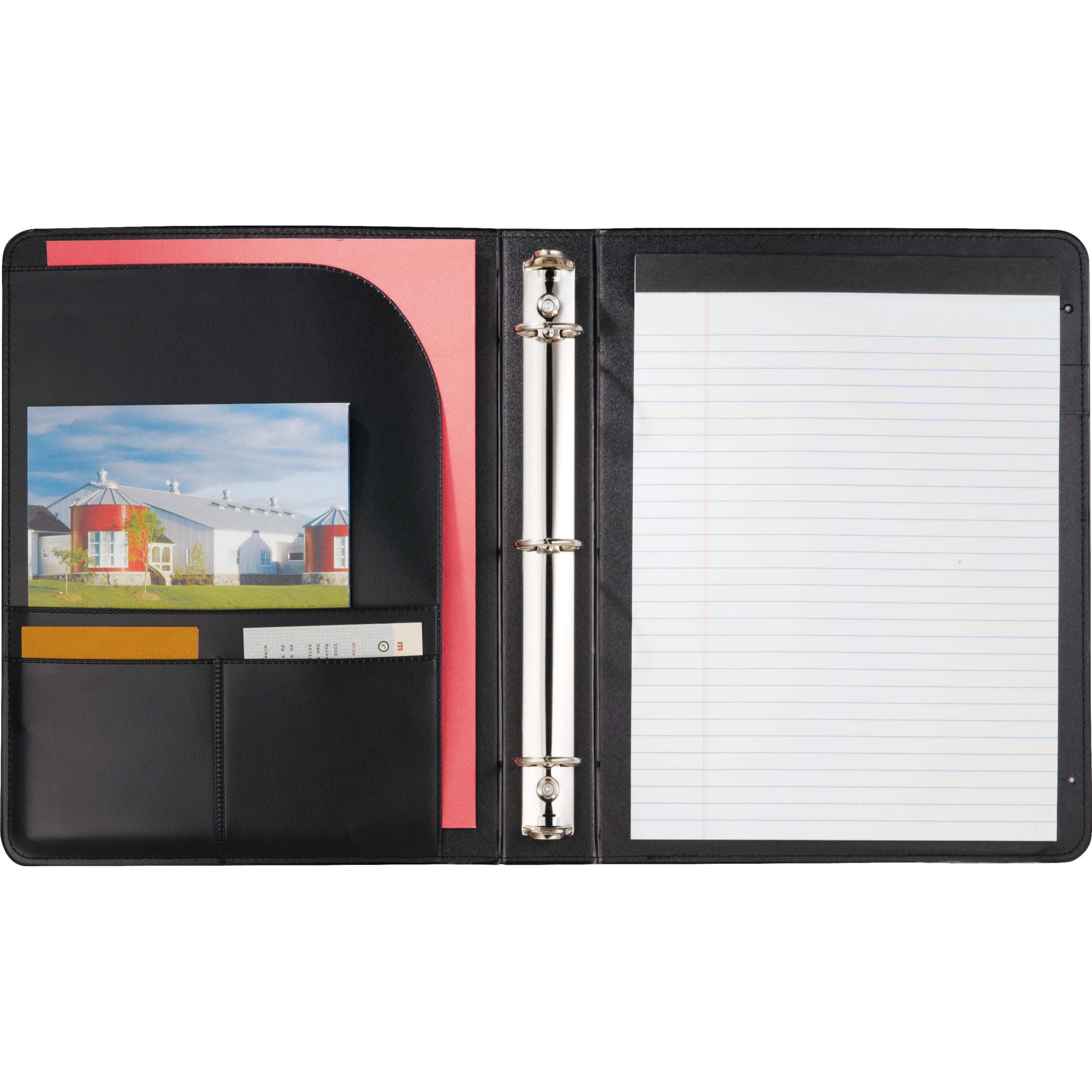 Black Associate Ringbinder in durable UltraHyde material with a professional finish, 1-inch metal three-ring binder, refillable ruled notepad, interior storage pockets, and pen loop, designed for organized note-taking and document storage in meetings and office settings.