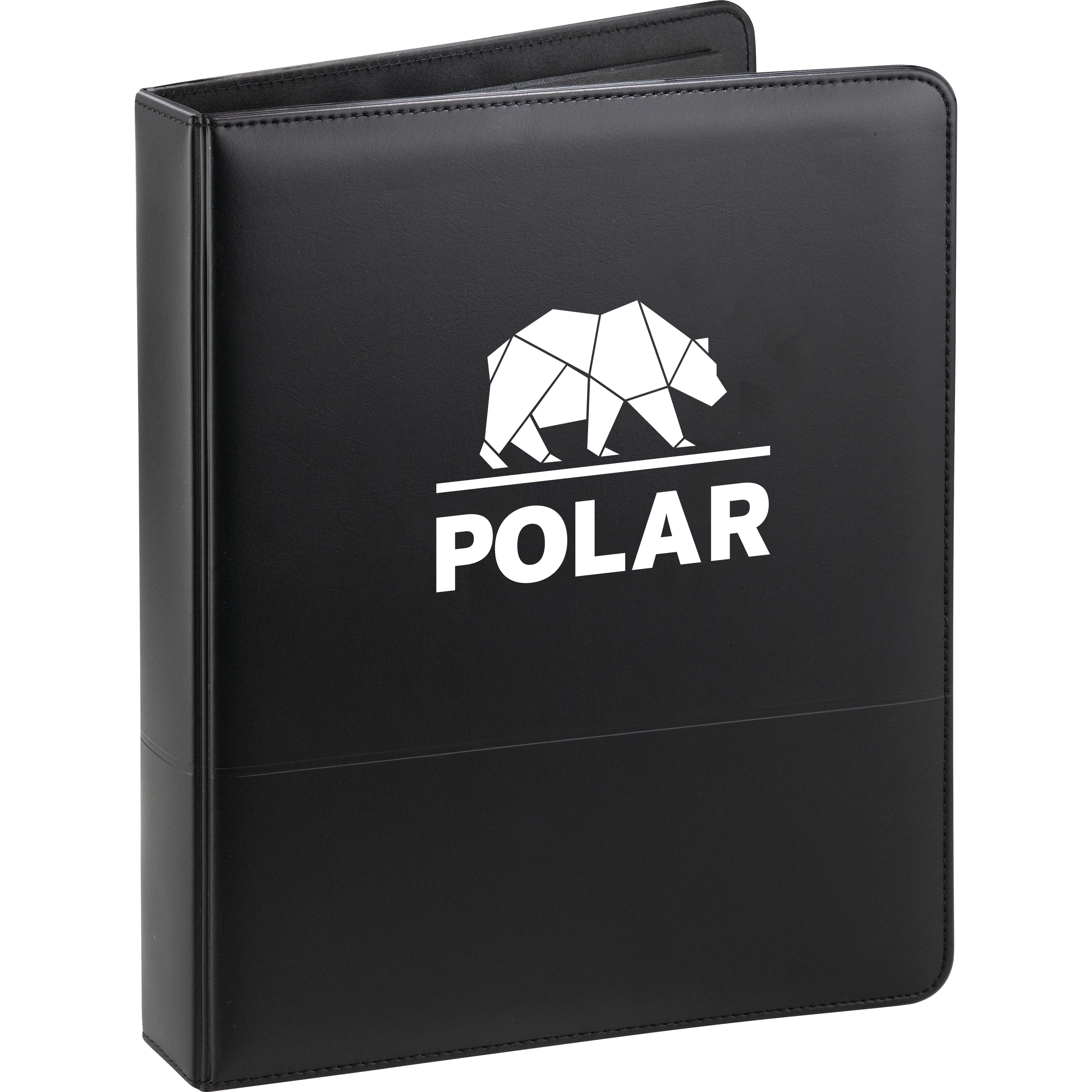 Black Associate Ringbinder in durable UltraHyde material with a professional finish, 1-inch metal three-ring binder, refillable ruled notepad, interior storage pockets, and pen loop, designed for organized note-taking and document storage in meetings and office settings.