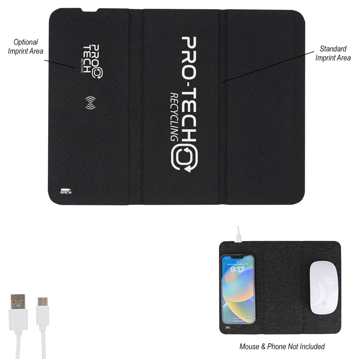 Black rPET wireless charging mouse pad made with recycled polyester, featuring 10W Qi wireless charging, Type-C input with cord, foldable design for travel and storage, and a built-in phone stand.