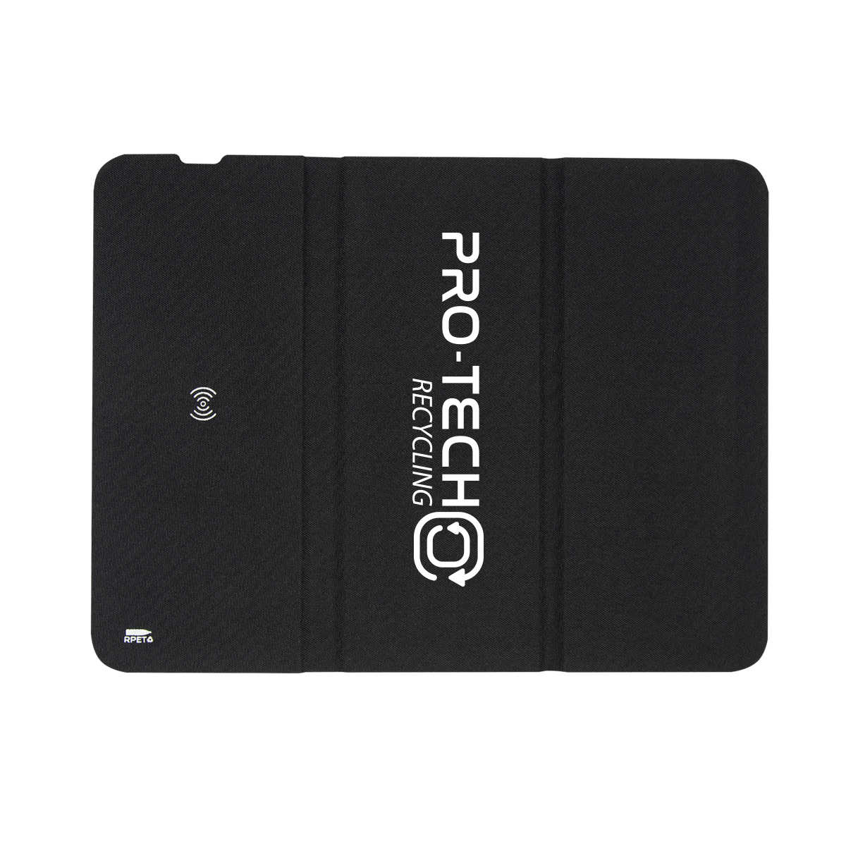 Black rPET wireless charging mouse pad made with recycled polyester, featuring 10W Qi wireless charging, Type-C input with cord, foldable design for travel and storage, and a built-in phone stand.