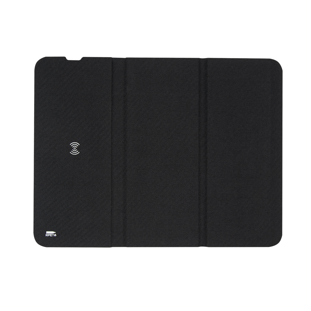 Black rPET wireless charging mouse pad made with recycled polyester, featuring 10W Qi wireless charging, Type-C input with cord, foldable design for travel and storage, and a built-in phone stand.