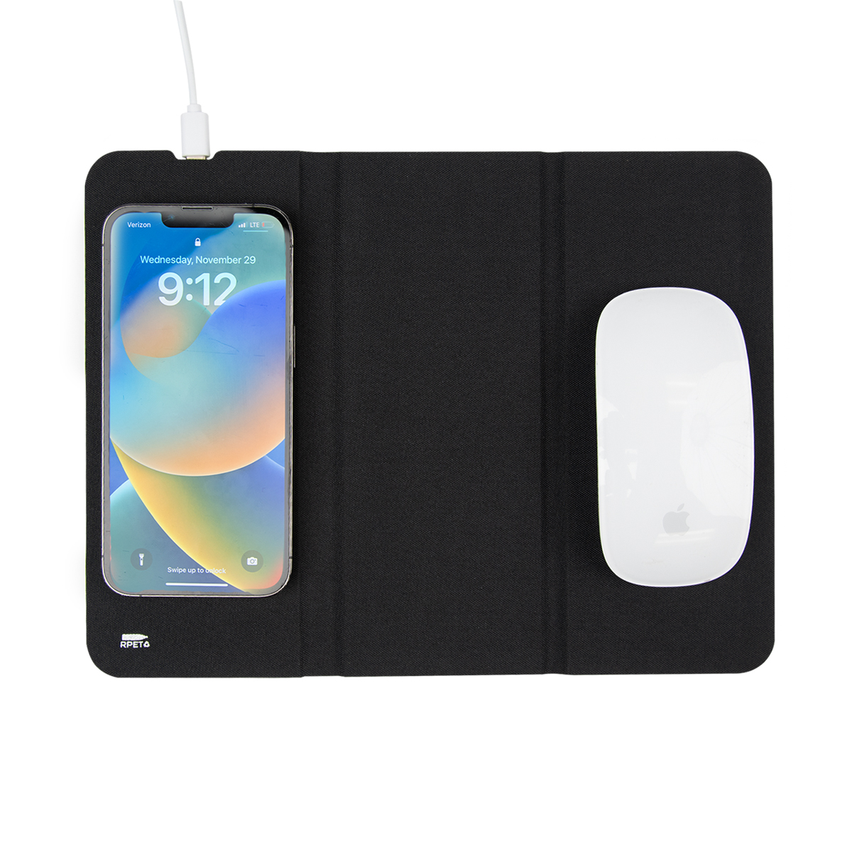 Black rPET wireless charging mouse pad made with recycled polyester, featuring 10W Qi wireless charging, Type-C input with cord, foldable design for travel and storage, and a built-in phone stand.
