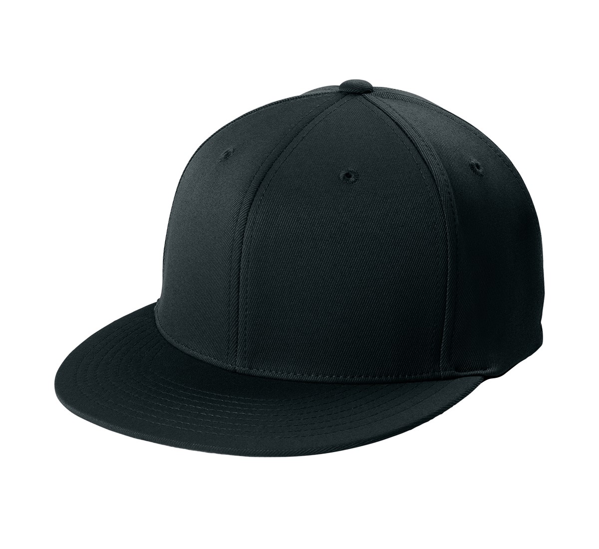 Black structured high-profile flat bill cap made from a 96/4 poly-spandex blend with Flexfit Cool & Dry technology, stretch fit, and silver undervisor.