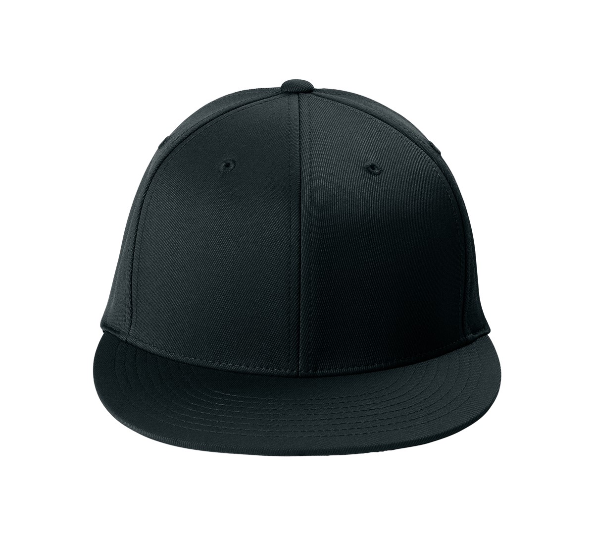 Black structured high-profile flat bill cap made from a 96/4 poly-spandex blend with Flexfit Cool & Dry technology, stretch fit, and silver undervisor.