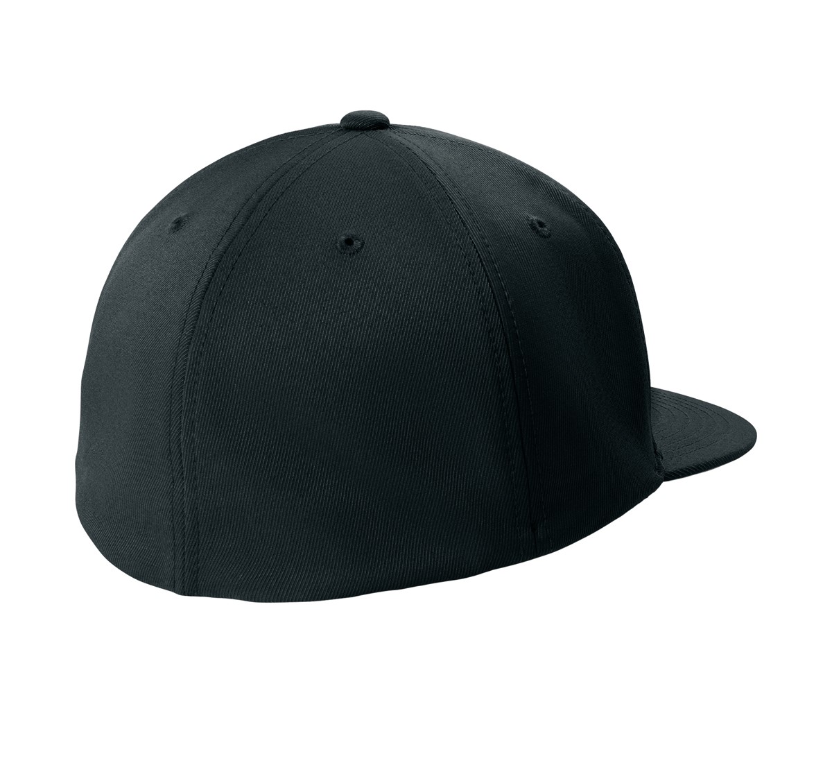 Black structured high-profile flat bill cap made from a 96/4 poly-spandex blend with Flexfit Cool & Dry technology, stretch fit, and silver undervisor.