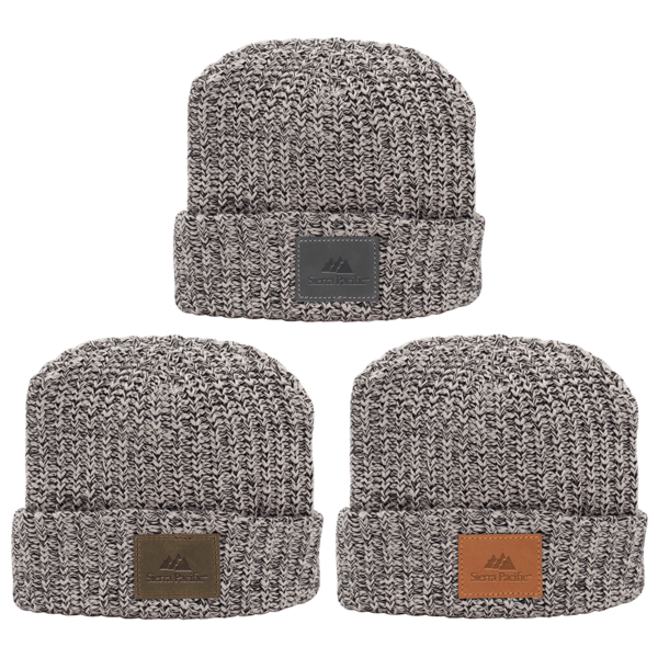 Cuffed knit beanie with a classic folded cuff and customizable leather patch, featuring a comfortable knit construction for warmth and outdoor cold-weather wear.