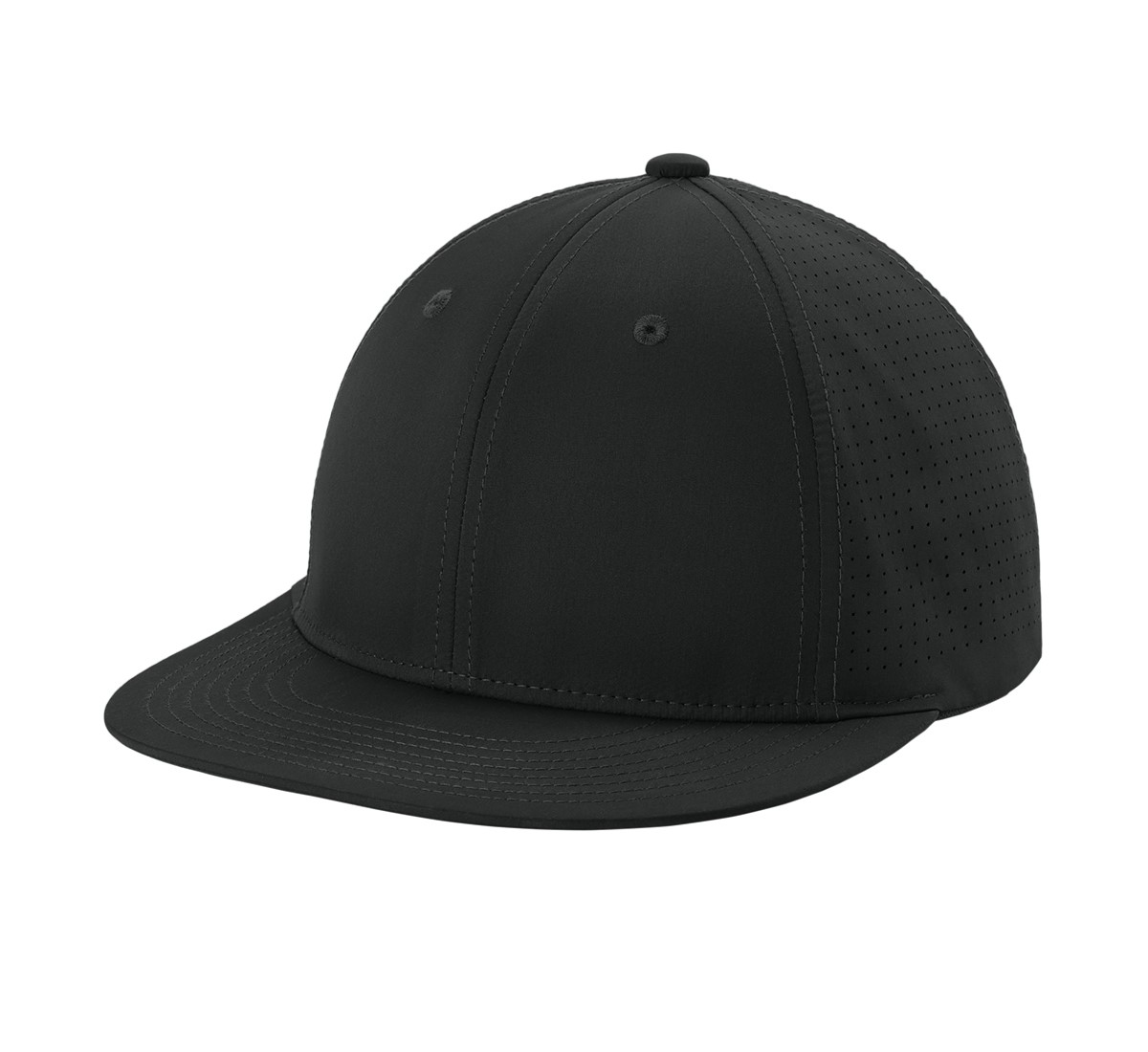 Black Sport-Tek performance stretch cap made from polyester and spandex with moisture-wicking fabric, breathable laser-cut ventilation, structured mid-profile design, and flat bill.