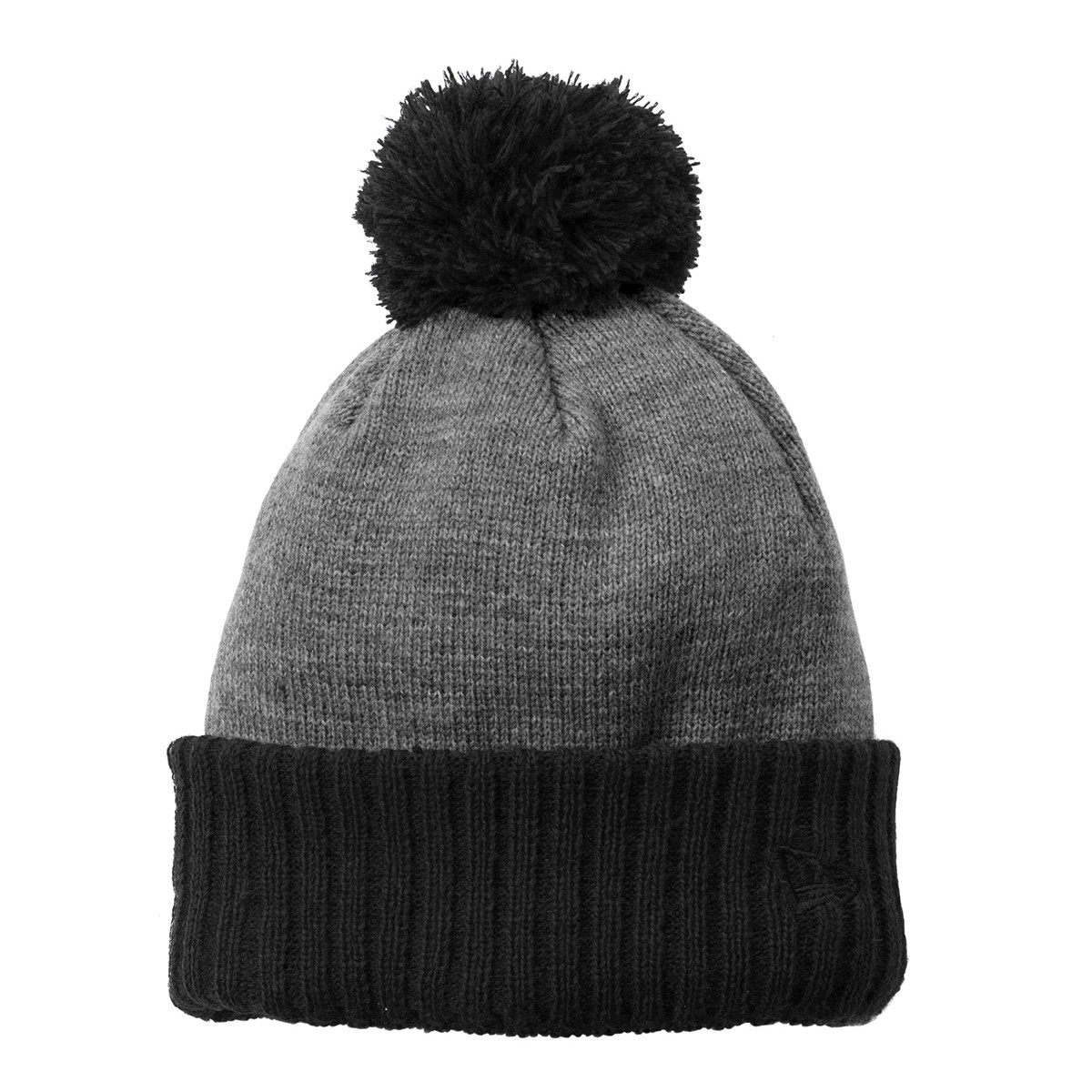 Black/Heather Gray Colorblock cuffed beanie made from 100% acrylic, featuring a thicker-gauge solid-color cuff, a dual-colored pom, a warm polyester-wool fleece lining, and a tonal embroidered flag detail. Designed for cozy winter wear, team spirit, fan apparel, and cold-weather events.