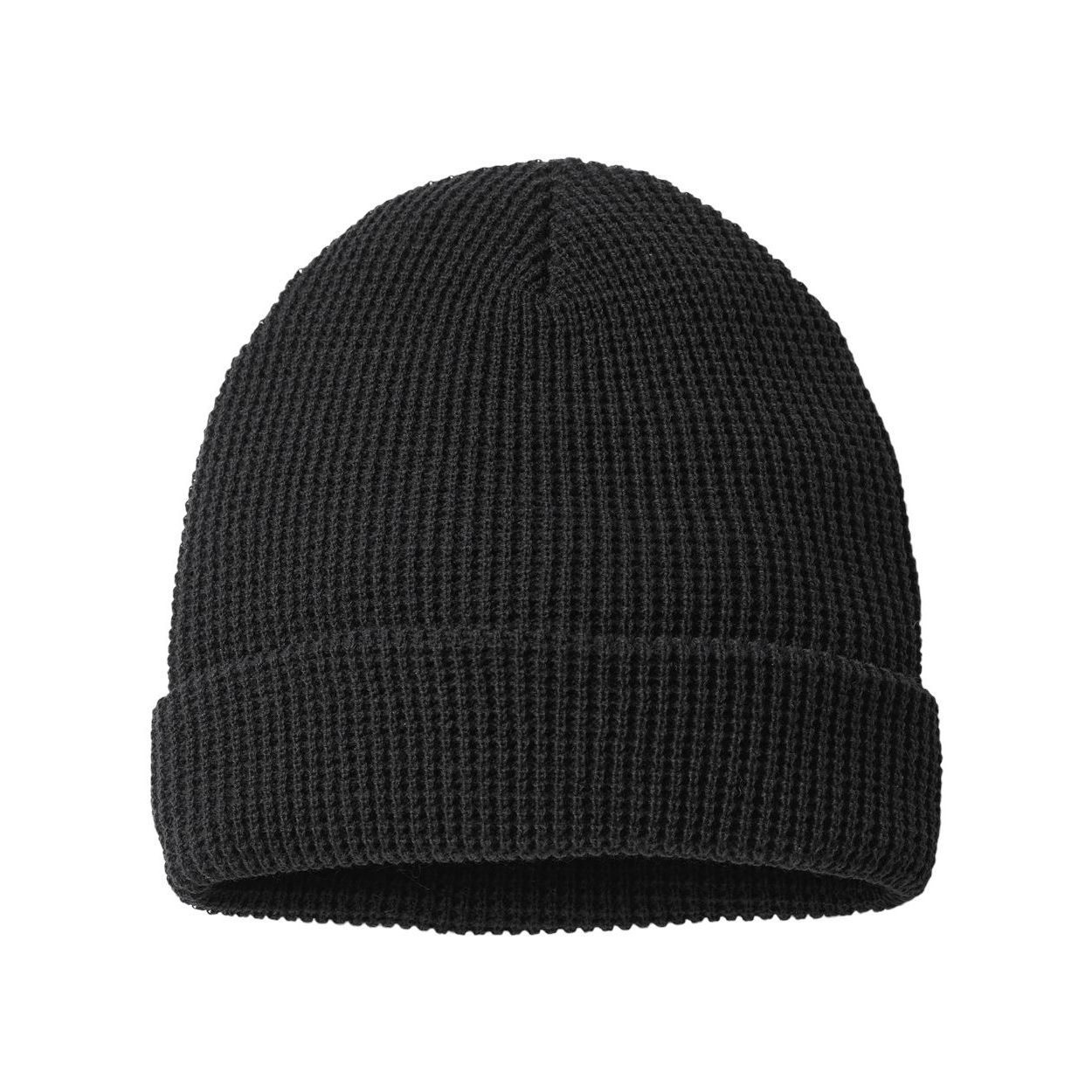 Black Waffle-knit cuffed beanie made from 100% acrylic, featuring a textured knit pattern, four top seams, and a foldable cuff for adjustable styling and comfortable warmth in cold weather.