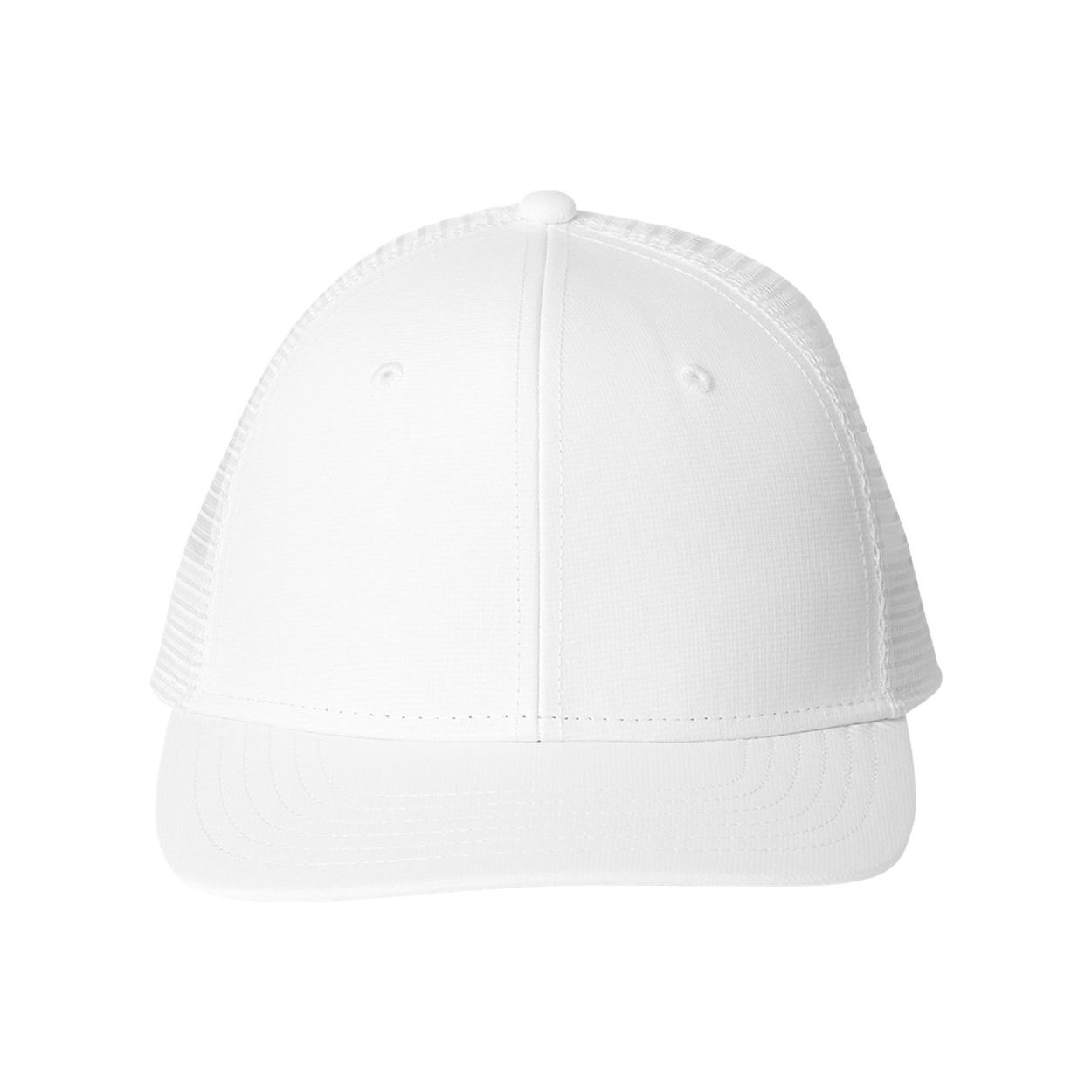 White Vineyard Vines® Performance Trucker Hat featuring a structured six-panel design, lightweight performance polyester front, and breathable mesh back. Designed with a mid-profile fit, ventilation eyelets, an adjustable snapback closure, and a signature whale tab on the back for comfortable outdoor wear and everyday style.