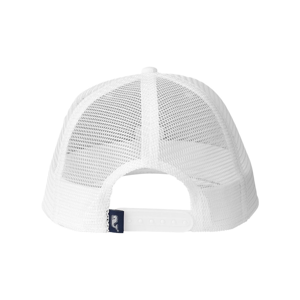 White Vineyard Vines® Performance Trucker Hat featuring a structured six-panel design, lightweight performance polyester front, and breathable mesh back. Designed with a mid-profile fit, ventilation eyelets, an adjustable snapback closure, and a signature whale tab on the back for comfortable outdoor wear and everyday style.