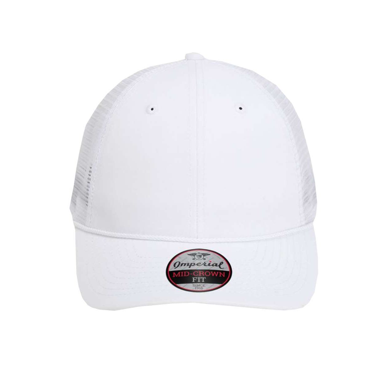 White/White Imperial® The Night Owl Performance Rope Cap featuring a structured six-panel design, recycled polyester front panels and pre-curved bill, breathable polyester mesh back, woven rope braid detail, gray underbill, and adjustable snapback closure for a sporty, comfortable fit.