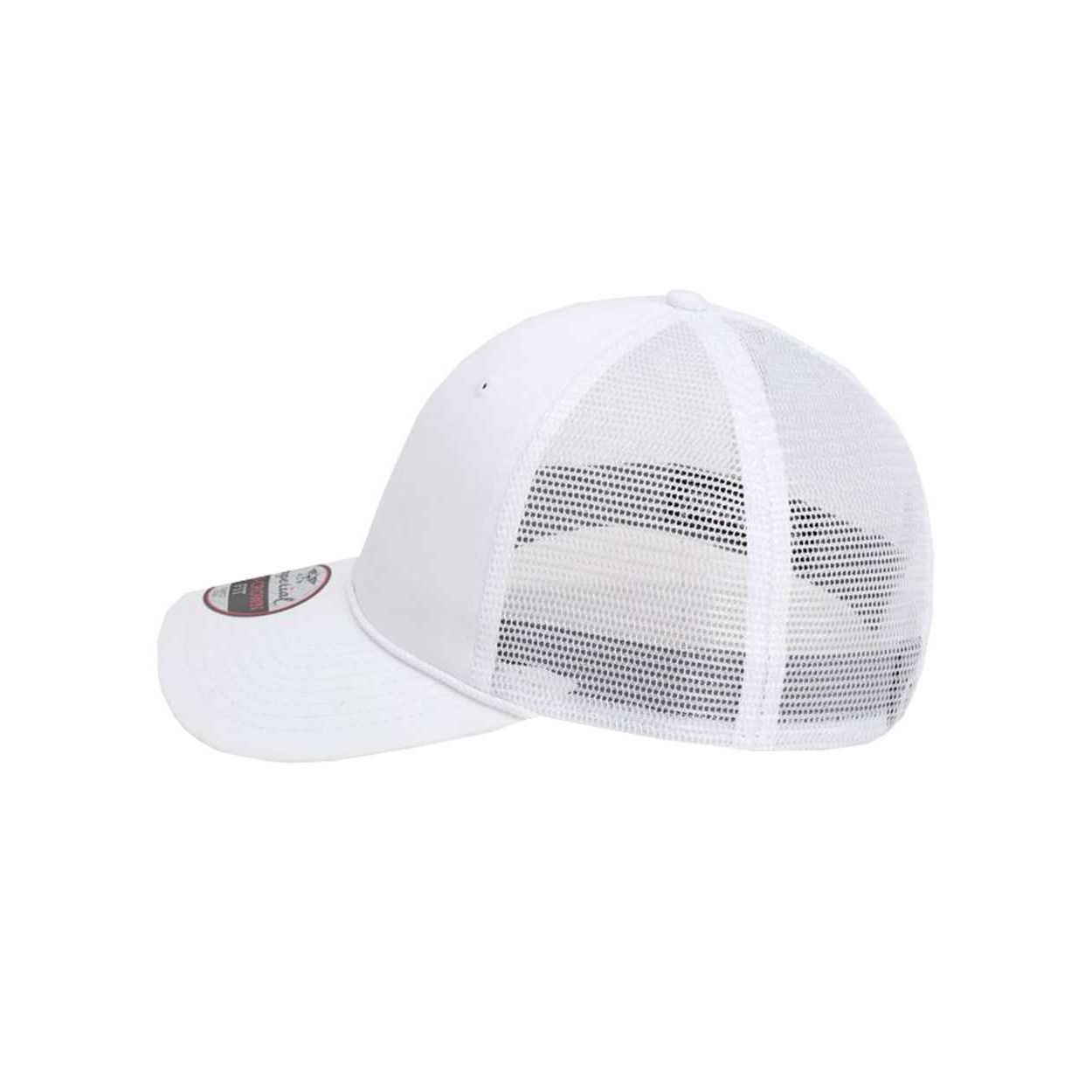 White/White Imperial® The Night Owl Performance Rope Cap featuring a structured six-panel design, recycled polyester front panels and pre-curved bill, breathable polyester mesh back, woven rope braid detail, gray underbill, and adjustable snapback closure for a sporty, comfortable fit.