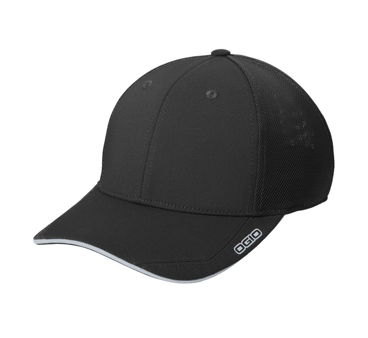 Blacktop performance cap made from polyester twill and breathable polyester air mesh with sweat-wicking construction, structured mid-profile design, stretch fit closure, and reflective sandwich bill.