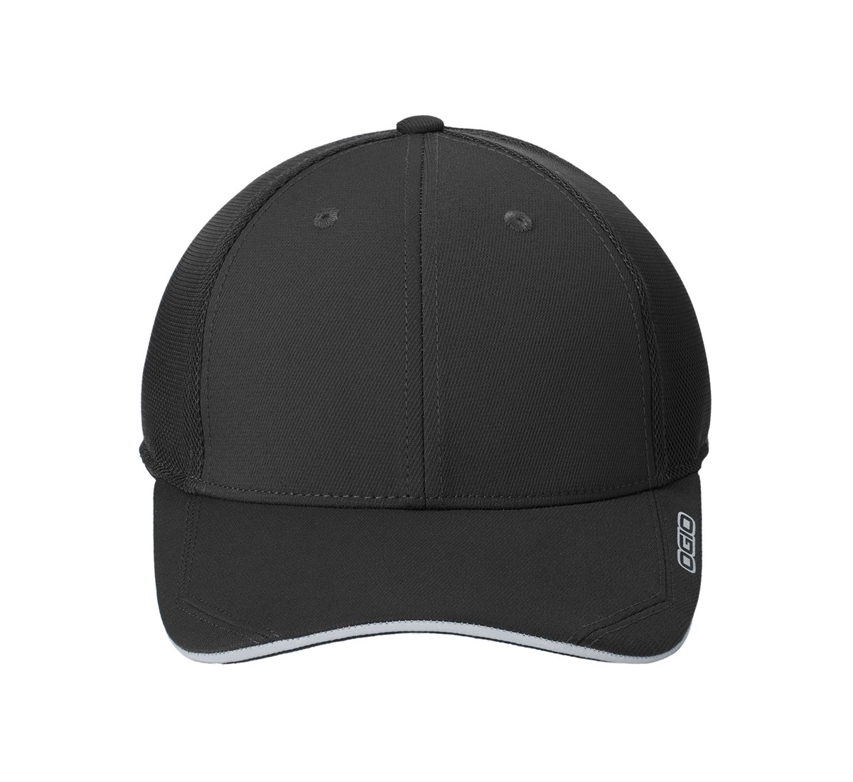 Blacktop performance cap made from polyester twill and breathable polyester air mesh with sweat-wicking construction, structured mid-profile design, stretch fit closure, and reflective sandwich bill.