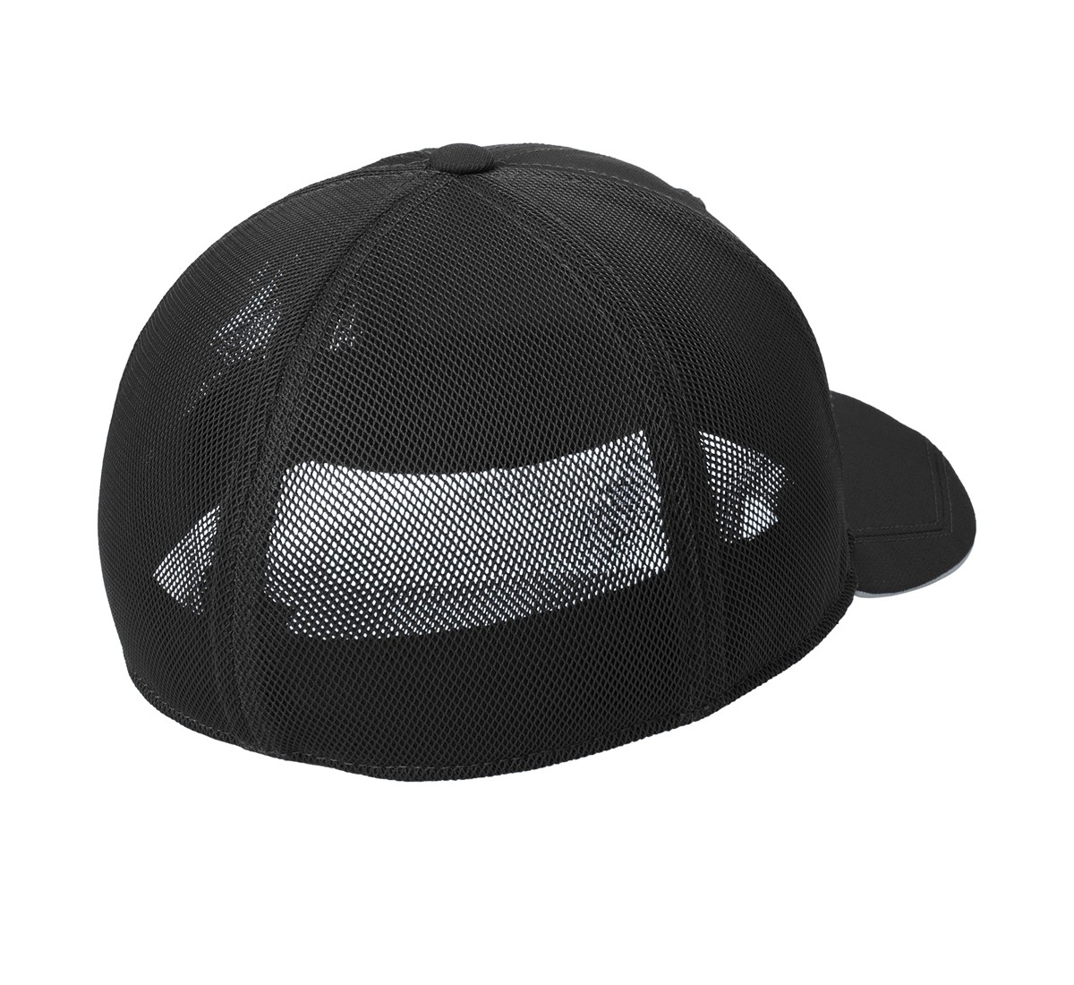 Blacktop performance cap made from polyester twill and breathable polyester air mesh with sweat-wicking construction, structured mid-profile design, stretch fit closure, and reflective sandwich bill.