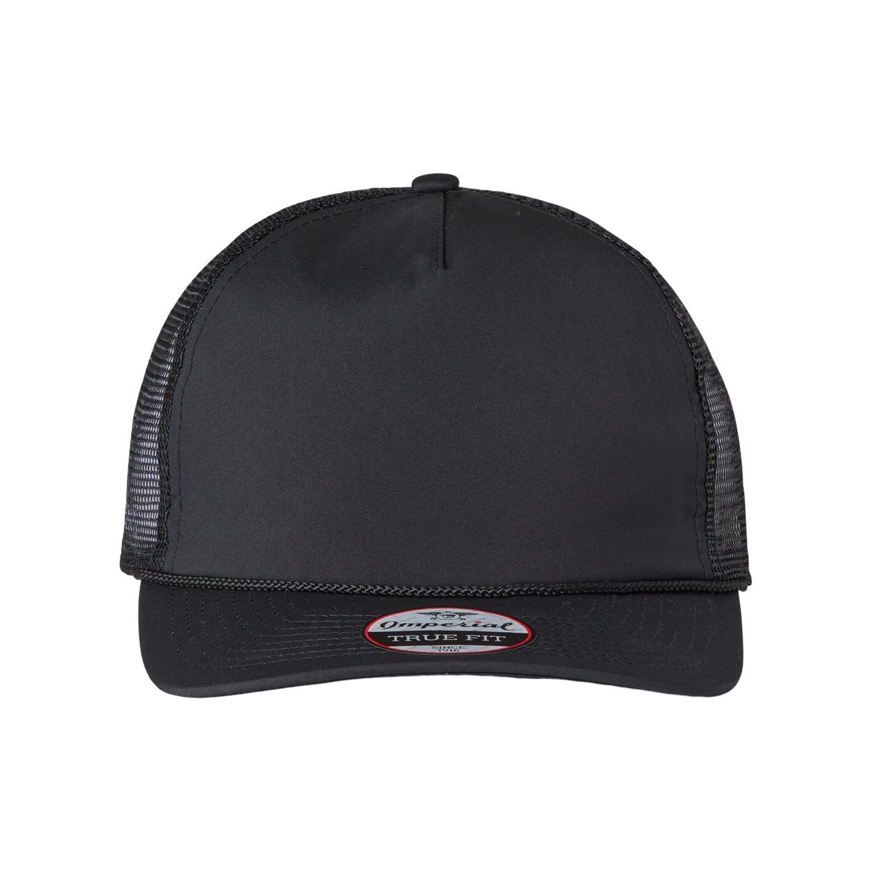 Black/Black/Black Retro-style Imperial® Rabble Rouser Cap featuring a structured five-panel design, recycled polyester performance fabric, breathable mesh back, woven rope braid across the pre-curved bill, and an adjustable snapback closure for a comfortable fit.