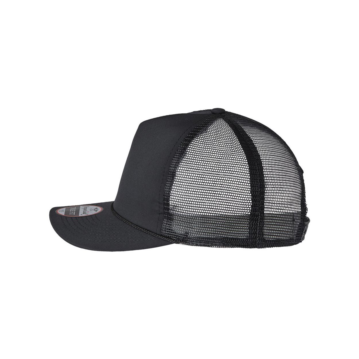 Black/Black/Black Retro-style Imperial® Rabble Rouser Cap featuring a structured five-panel design, recycled polyester performance fabric, breathable mesh back, woven rope braid across the pre-curved bill, and an adjustable snapback closure for a comfortable fit.
