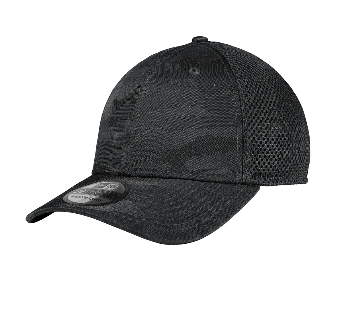 Black Camo stretch-fit performance cap made from polyester tonal camo fabric and breathable Spacer Mesh with a structured mid-profile design, contoured crown, and precurved visor.