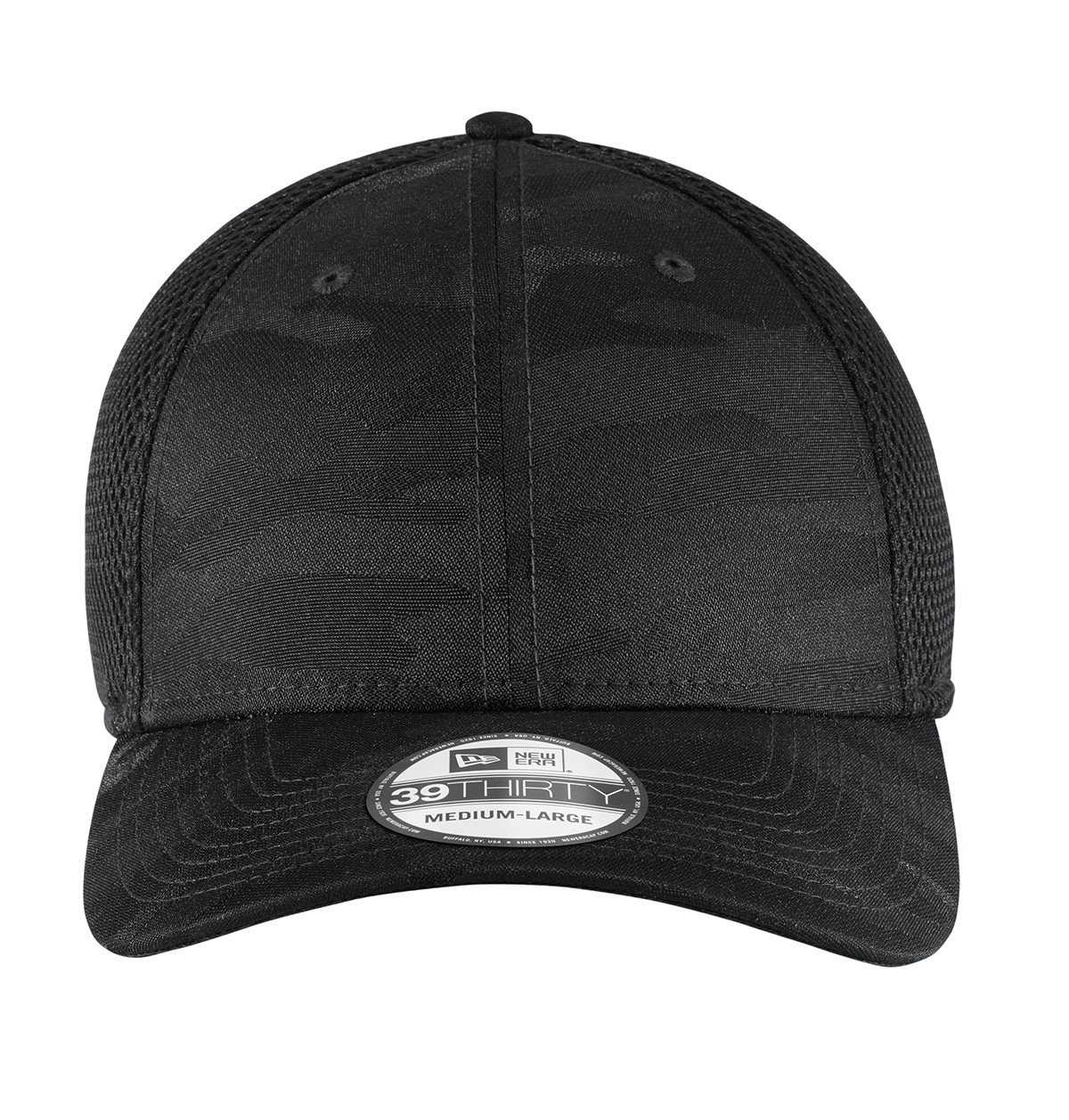 Black Camo stretch-fit performance cap made from polyester tonal camo fabric and breathable Spacer Mesh with a structured mid-profile design, contoured crown, and precurved visor.