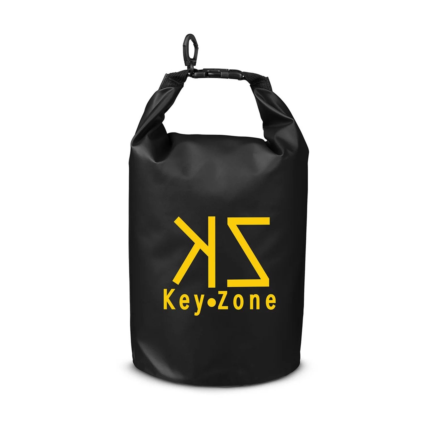 Black 5L waterproof dry bag made from durable 250D tarpaulin polyester, featuring a roll-top closure, black plastic buckle, and nylon web carry handle. Designed to help keep clothing, electronics, valuables, and snacks dry during hiking, beach trips, boating, and other outdoor activities.