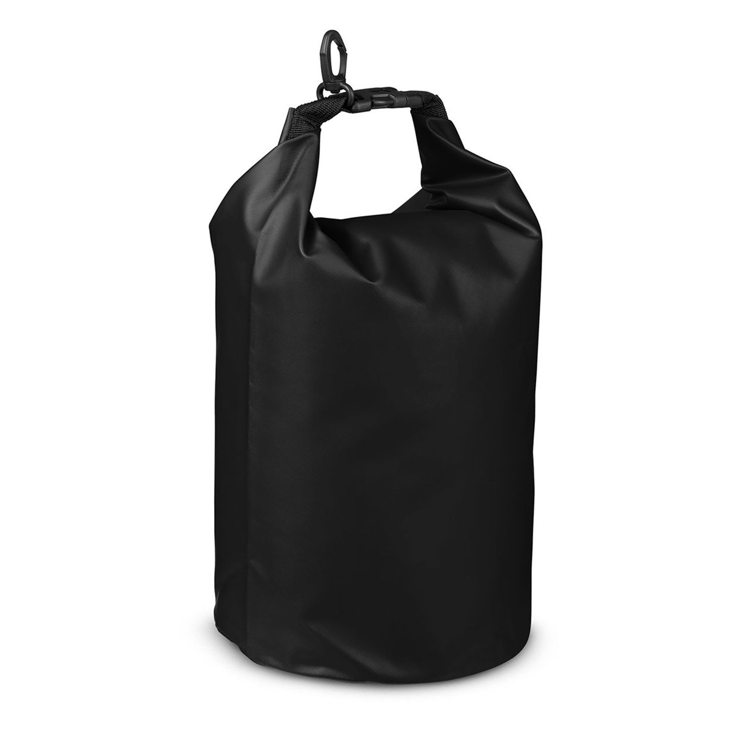 Black 5L waterproof dry bag made from durable 250D tarpaulin polyester, featuring a roll-top closure, black plastic buckle, and nylon web carry handle. Designed to help keep clothing, electronics, valuables, and snacks dry during hiking, beach trips, boating, and other outdoor activities.