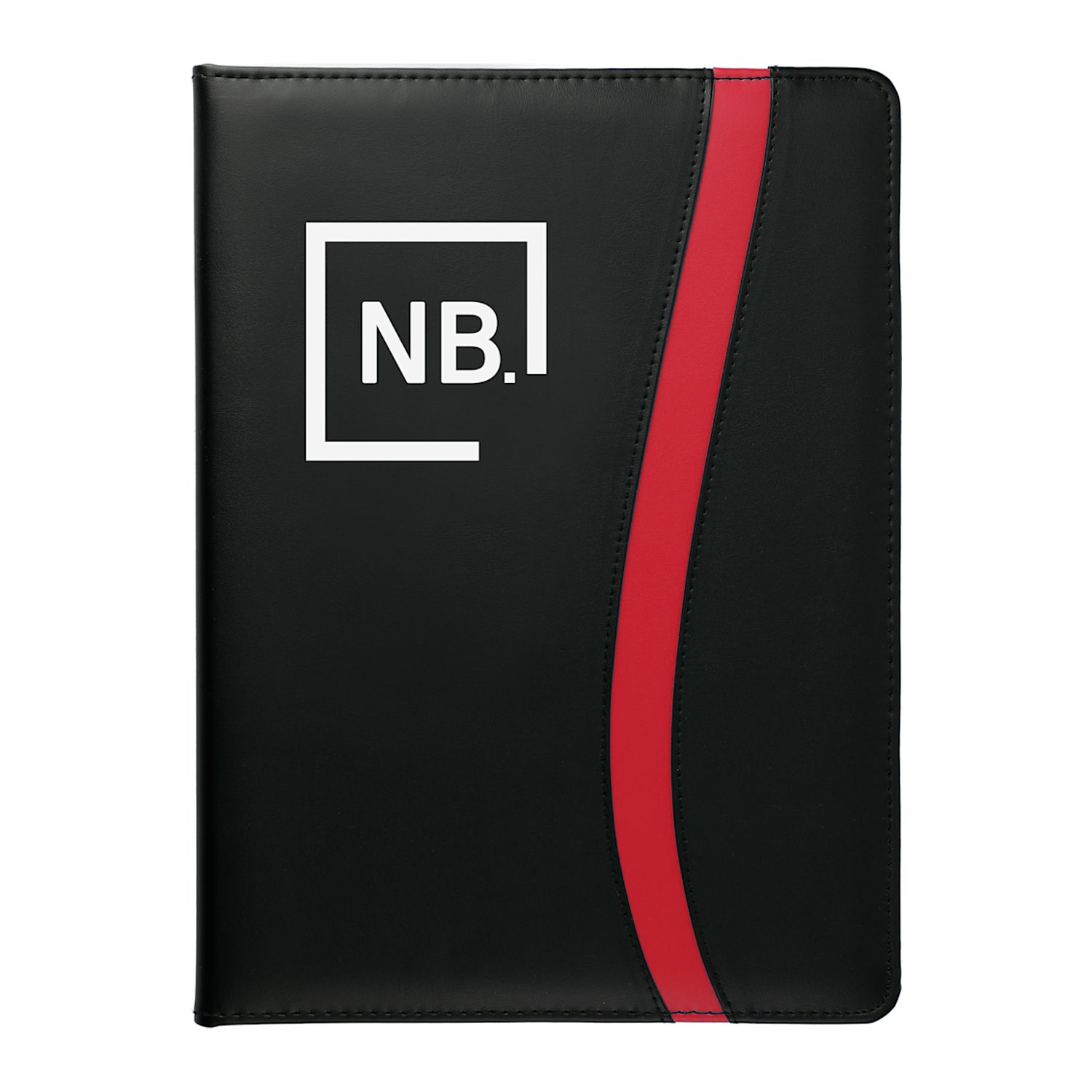 Black padfolio with red trim made from UltraHyde with an FSC® Mix refillable ruled notepad, inside file pocket, card slots, and pen loop for organized business and office use.