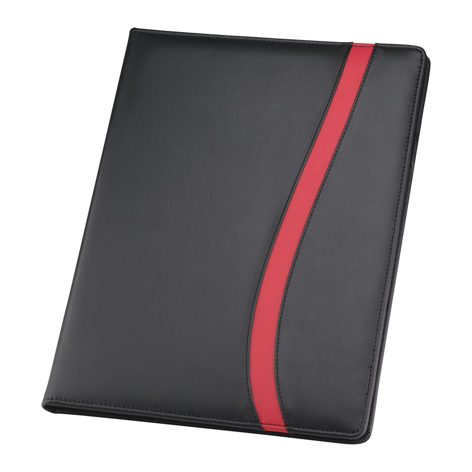 Black padfolio with red trim made from UltraHyde with an FSC® Mix refillable ruled notepad, inside file pocket, card slots, and pen loop for organized business and office use.