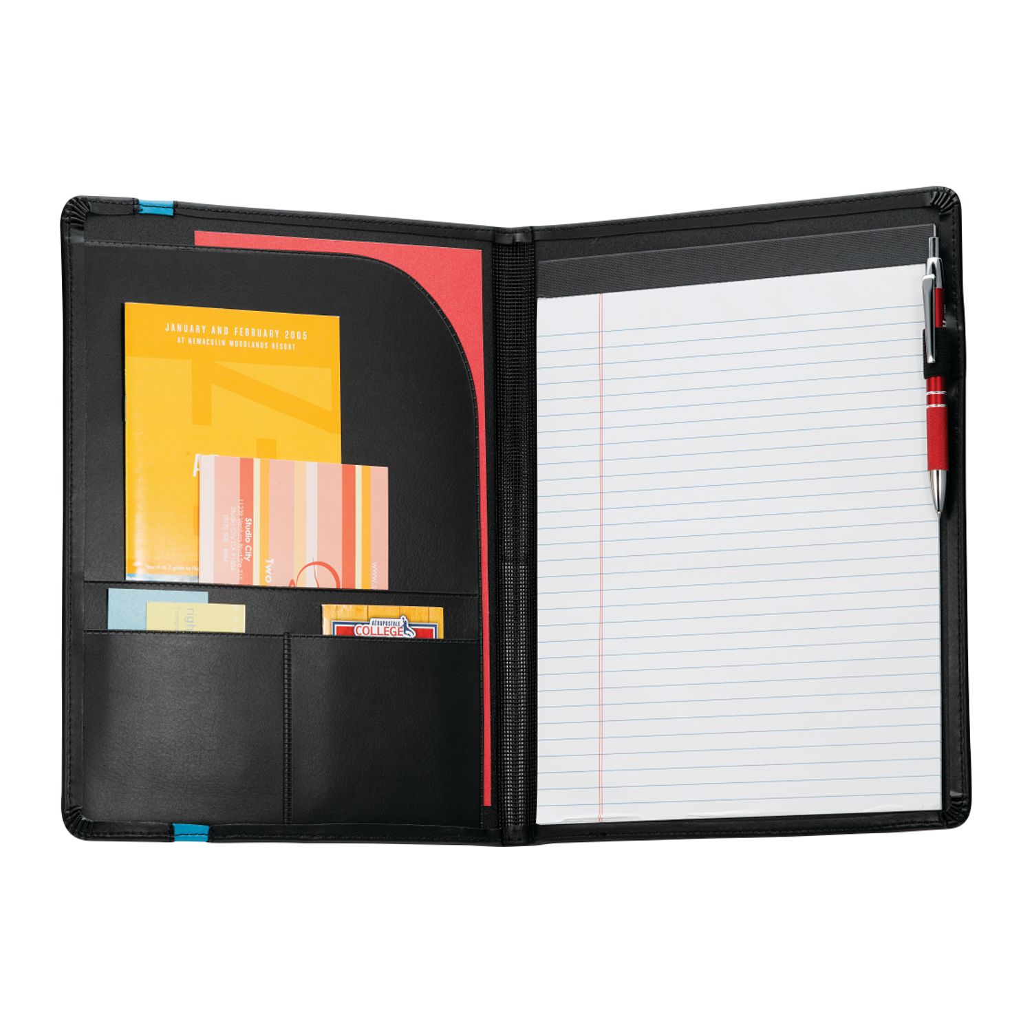 Black padfolio with red trim made from UltraHyde with an FSC® Mix refillable ruled notepad, inside file pocket, card slots, and pen loop for organized business and office use.