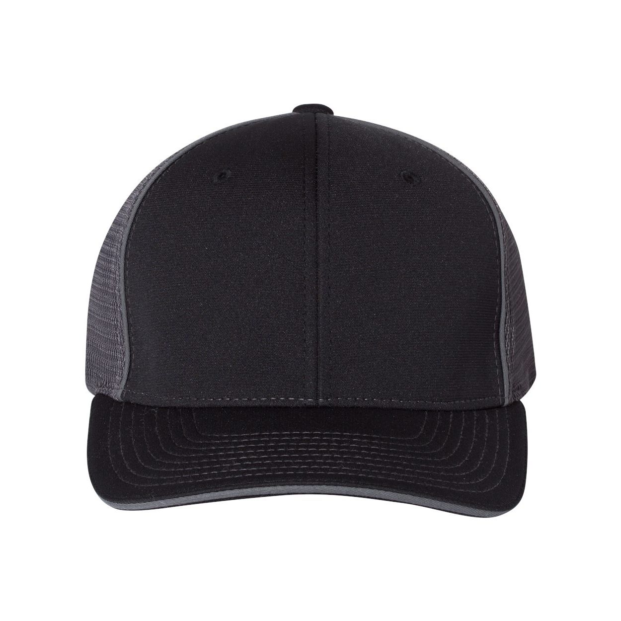 Richardson performance sportmesh cap in black and charcoal with a structured six-panel design, pre-curved contrast-stitch sandwich bill, and stretch sweatband.