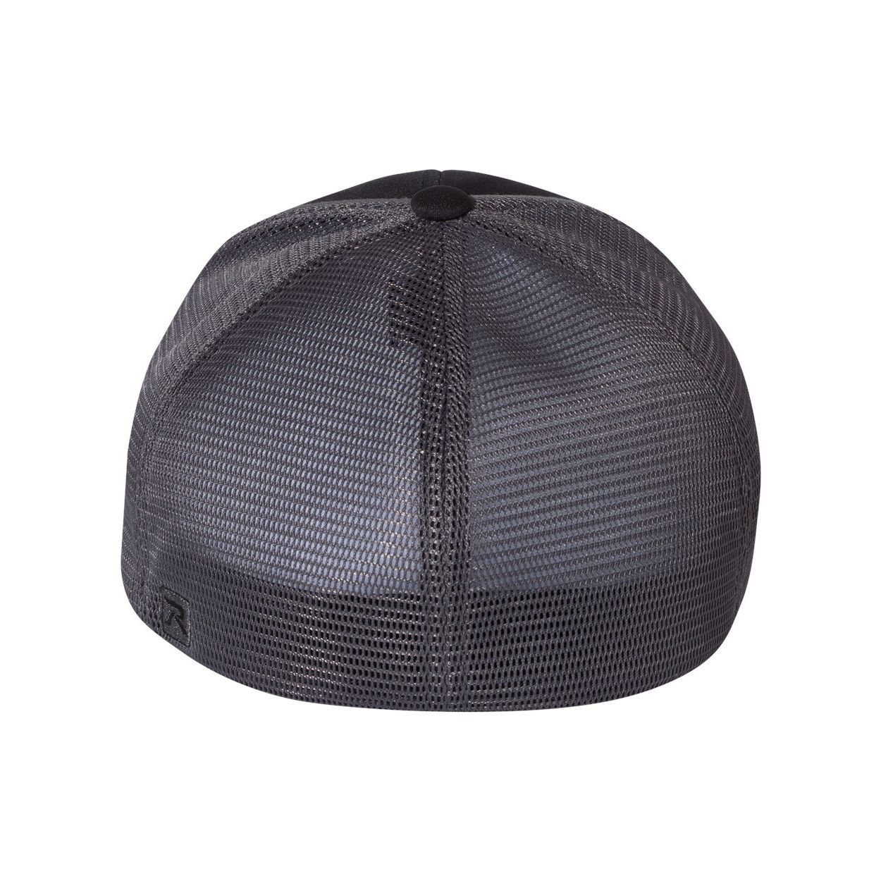 Richardson performance sportmesh cap in black and charcoal with a structured six-panel design, pre-curved contrast-stitch sandwich bill, and stretch sweatband.