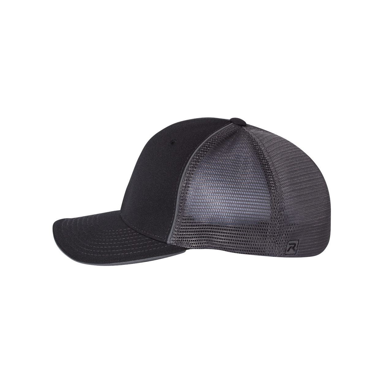 Richardson performance sportmesh cap in black and charcoal with a structured six-panel design, pre-curved contrast-stitch sandwich bill, and stretch sweatband.