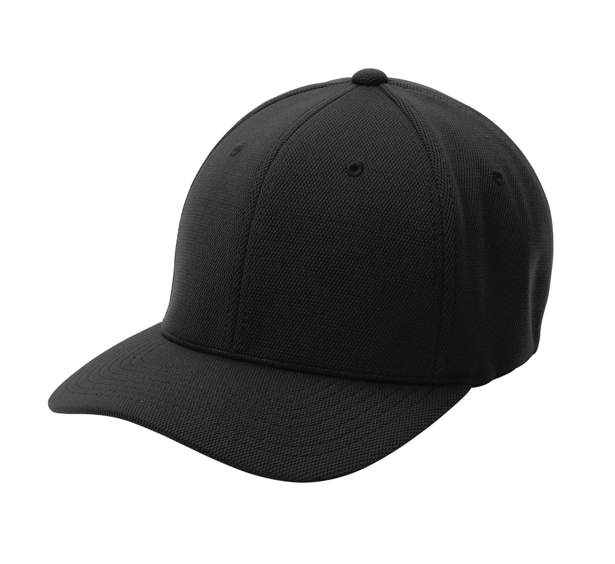 Black Sport-Tek performance cap made from 100% polyester with Flexfit Cool & Dry technology, extra-pliable Poly Block Mesh, structured construction, and a mid-profile design for breathable comfort.