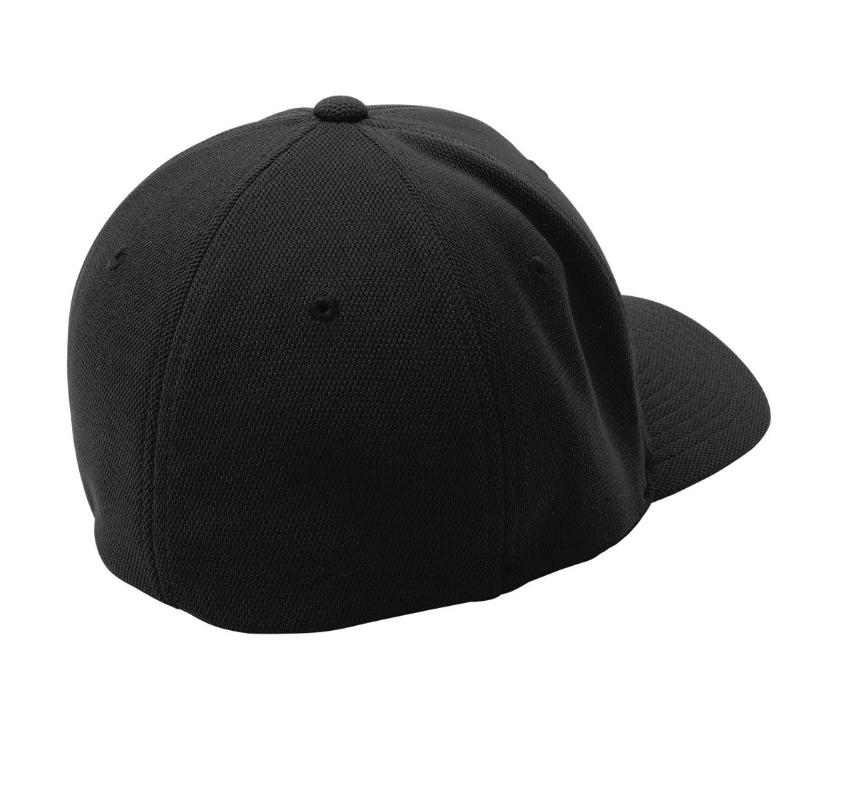Black Sport-Tek performance cap made from 100% polyester with Flexfit Cool & Dry technology, extra-pliable Poly Block Mesh, structured construction, and a mid-profile design for breathable comfort.
