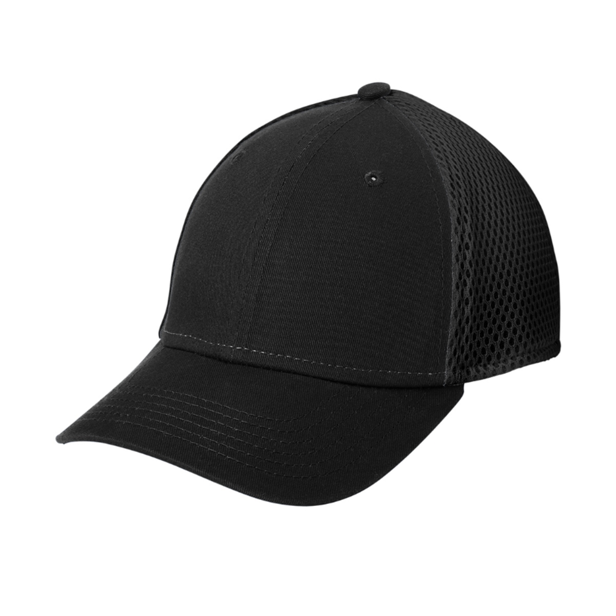 Black and Black youth performance cap with breathable Spacer Mesh mid and back panels, a structured mid-profile design, stretch-fit closure, contoured crown, and precurved visor.