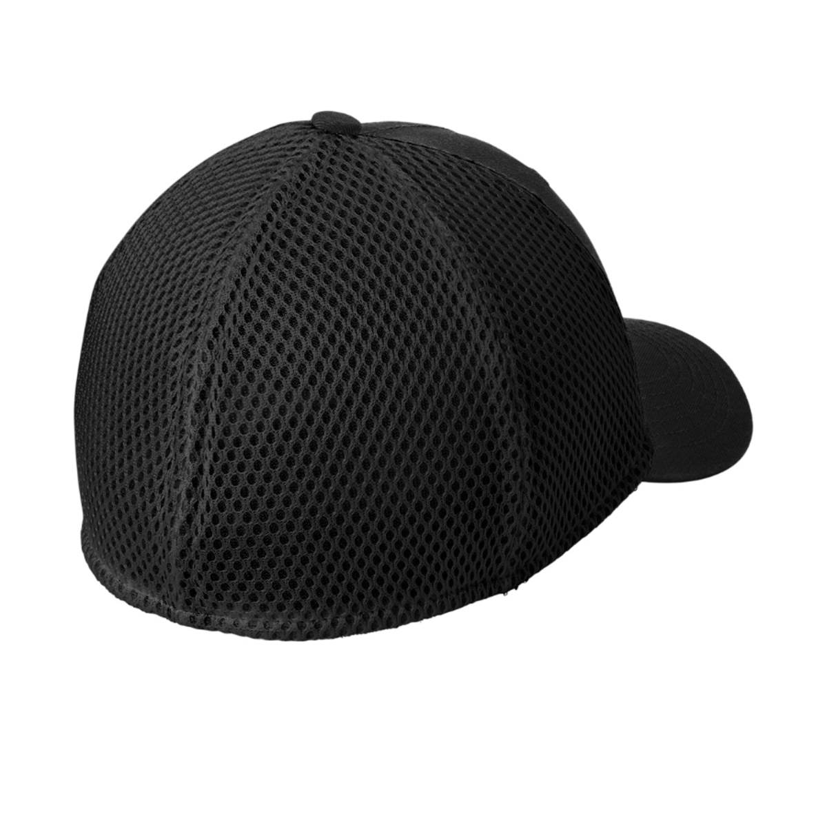 Black and Black youth performance cap with breathable Spacer Mesh mid and back panels, a structured mid-profile design, stretch-fit closure, contoured crown, and precurved visor.