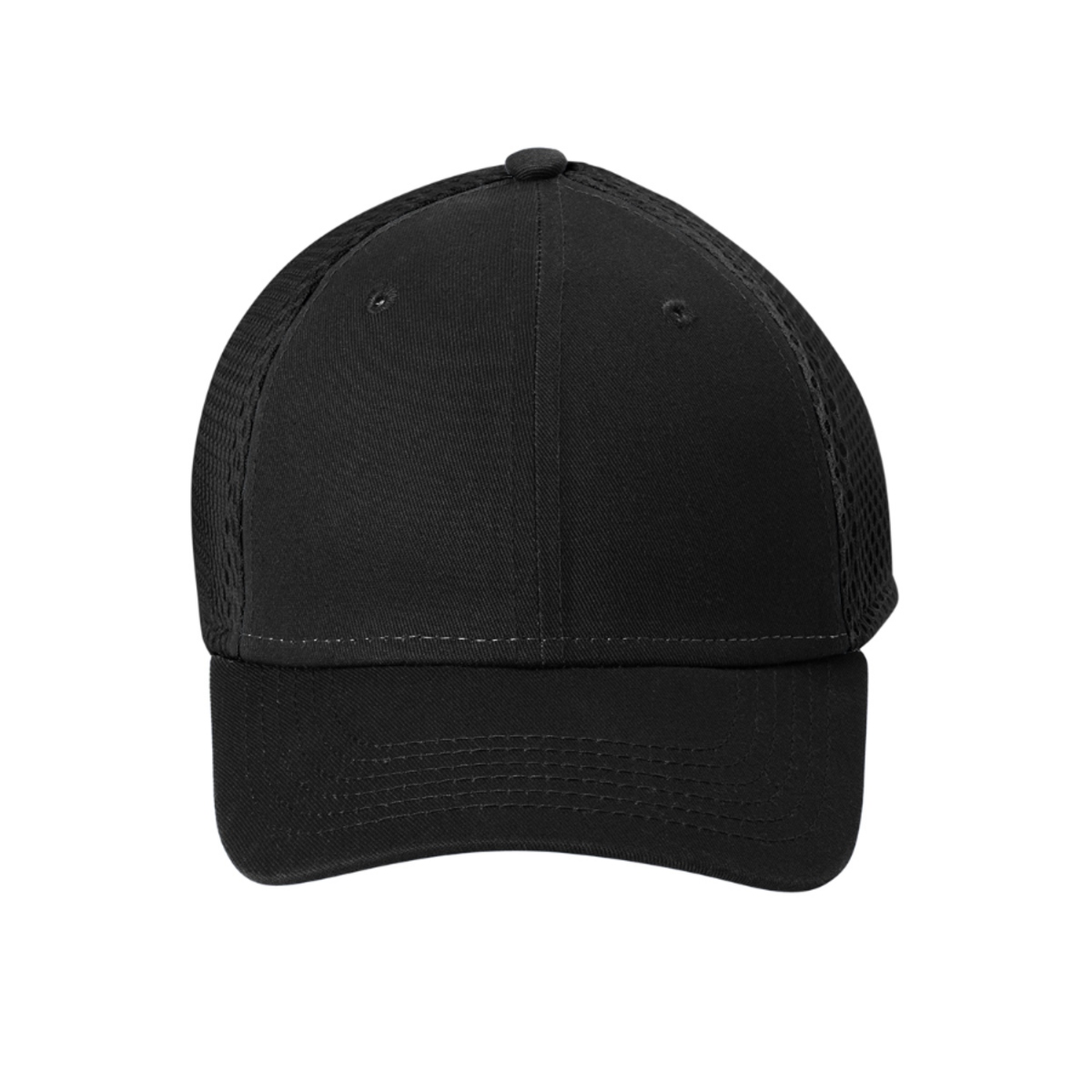 Black and Black youth performance cap with breathable Spacer Mesh mid and back panels, a structured mid-profile design, stretch-fit closure, contoured crown, and precurved visor.