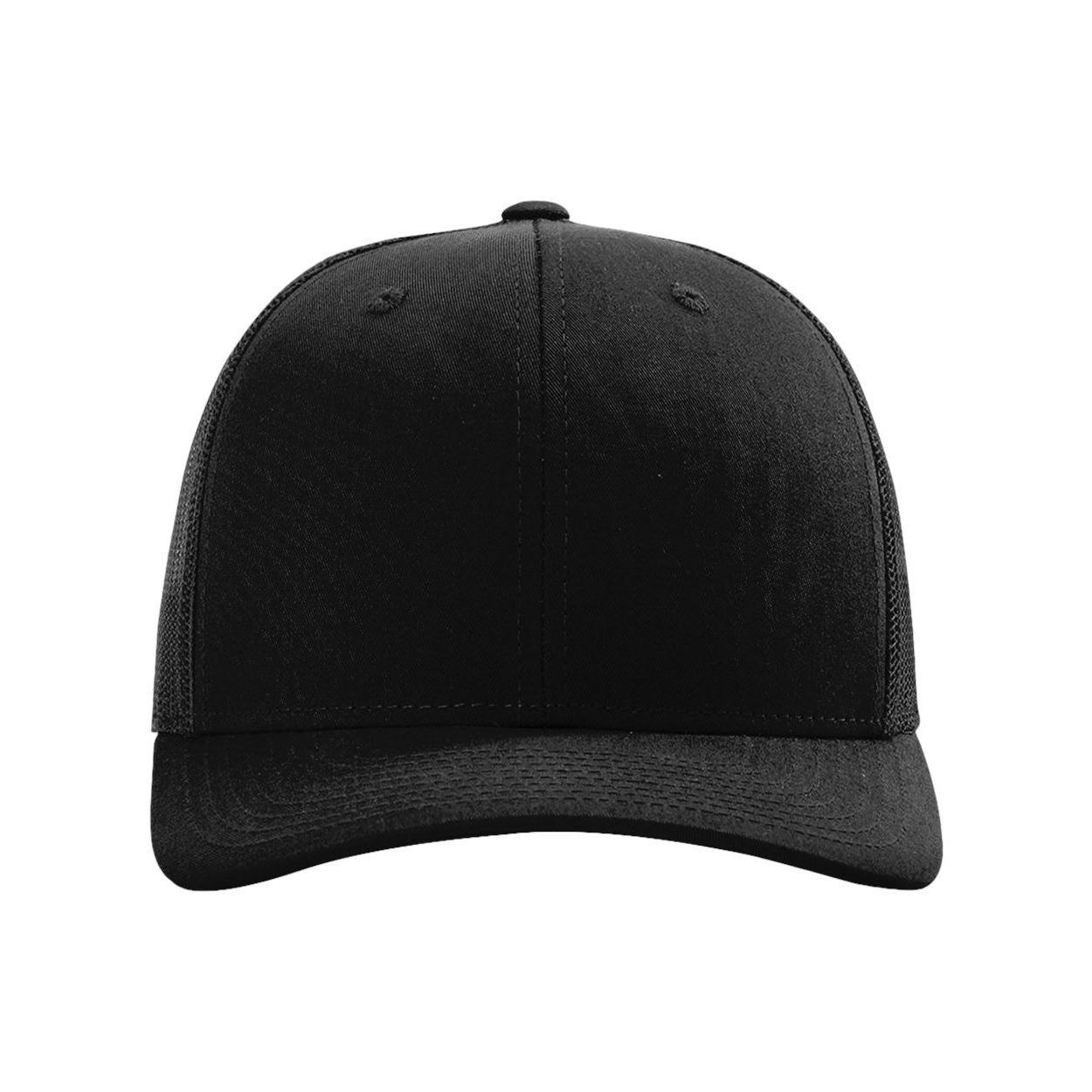 Black Structured six-panel recycled trucker cap made from 100% recycled polyester twill, featuring a mid-profile fit, pre-curved bill, and adjustable snapback closure. Designed for everyday wear, outdoor activities, and custom logo branding.