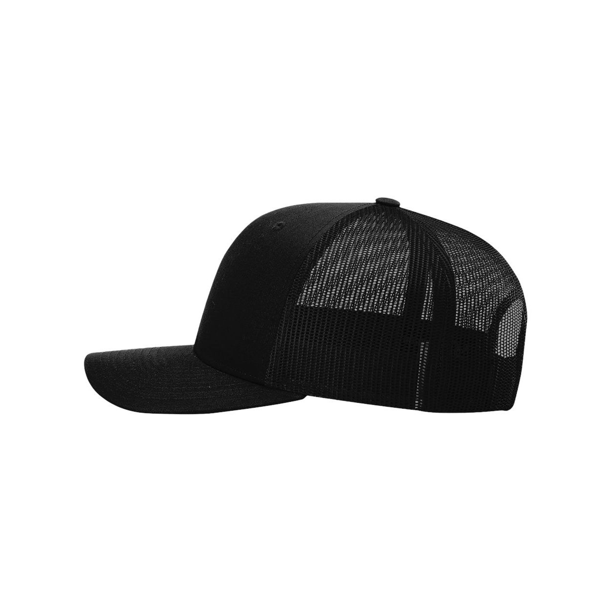 Black Structured six-panel recycled trucker cap made from 100% recycled polyester twill, featuring a mid-profile fit, pre-curved bill, and adjustable snapback closure. Designed for everyday wear, outdoor activities, and custom logo branding.