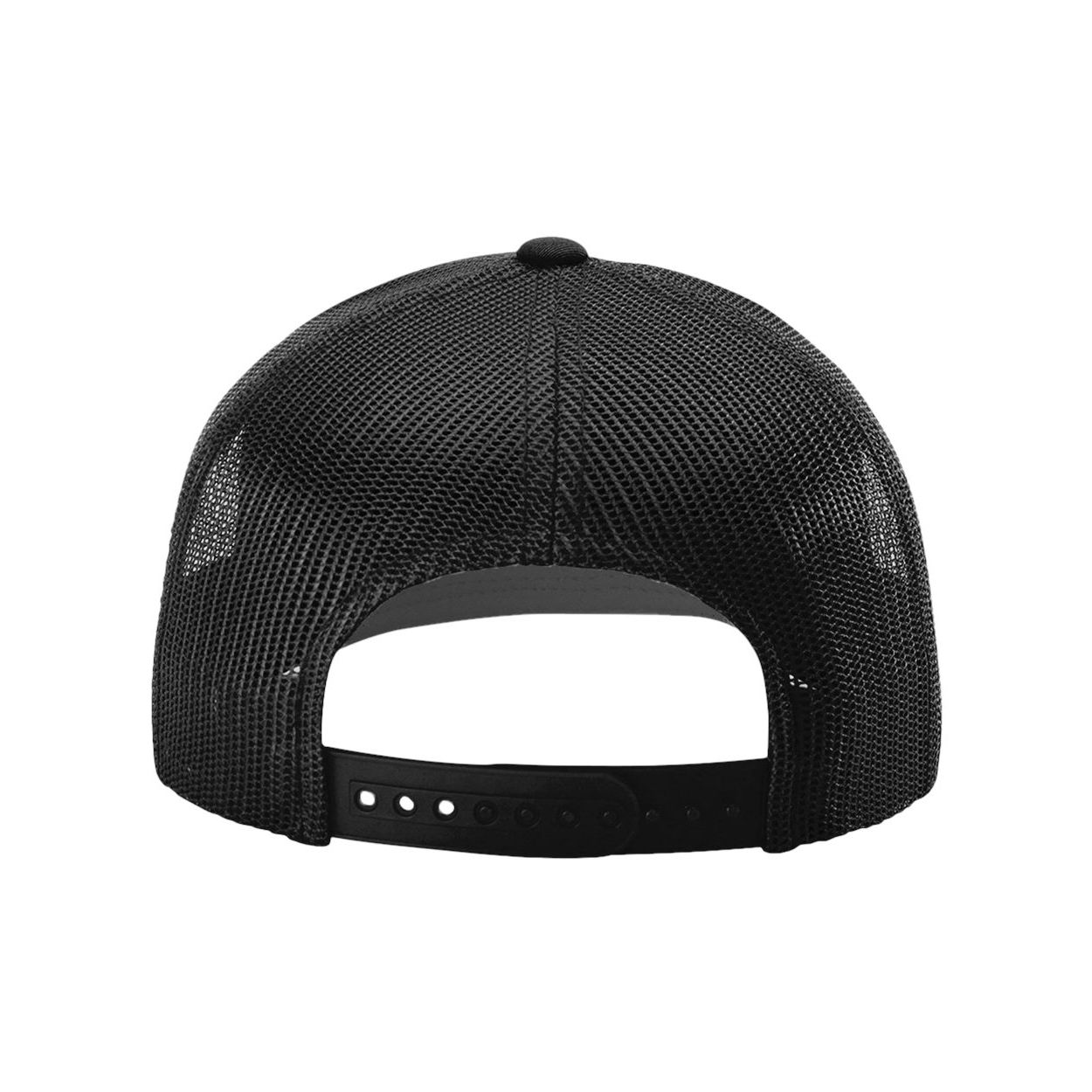 Black Structured six-panel recycled trucker cap made from 100% recycled polyester twill, featuring a mid-profile fit, pre-curved bill, and adjustable snapback closure. Designed for everyday wear, outdoor activities, and custom logo branding.