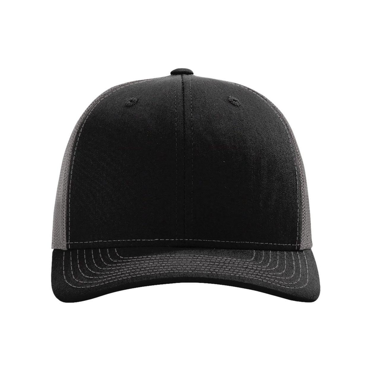 Black/Charcoal Structured six-panel recycled trucker cap made from 100% recycled polyester twill, featuring a mid-profile fit, pre-curved bill, and adjustable snapback closure. Designed for everyday wear, outdoor activities, and custom logo branding.