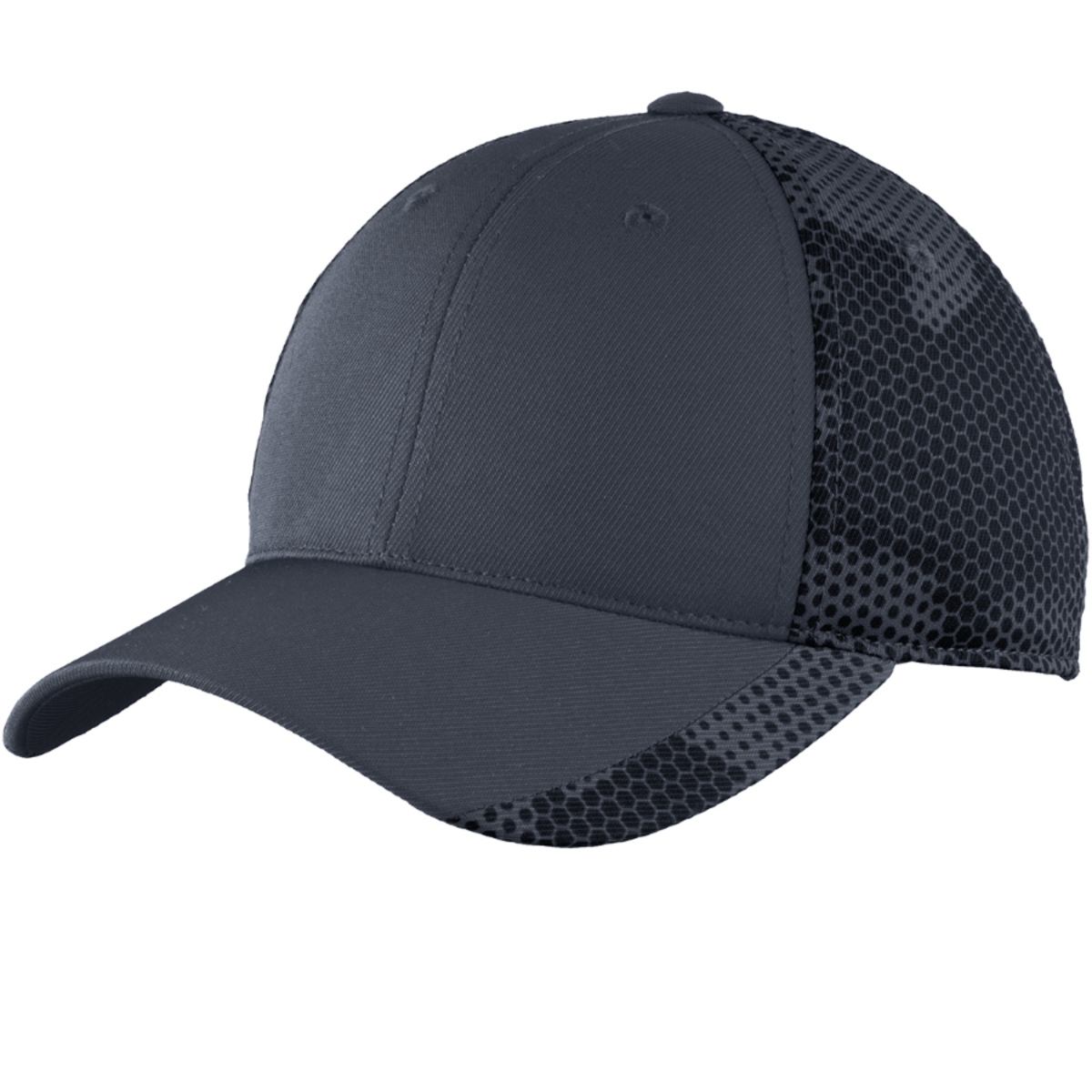 Iron Grey performance cap made from 100% polyester twill with a sublimated CamoHex print on the back panels and brim, moisture-wicking sweatband, structured construction, mid-profile design, and adjustable micro hook and loop closure.